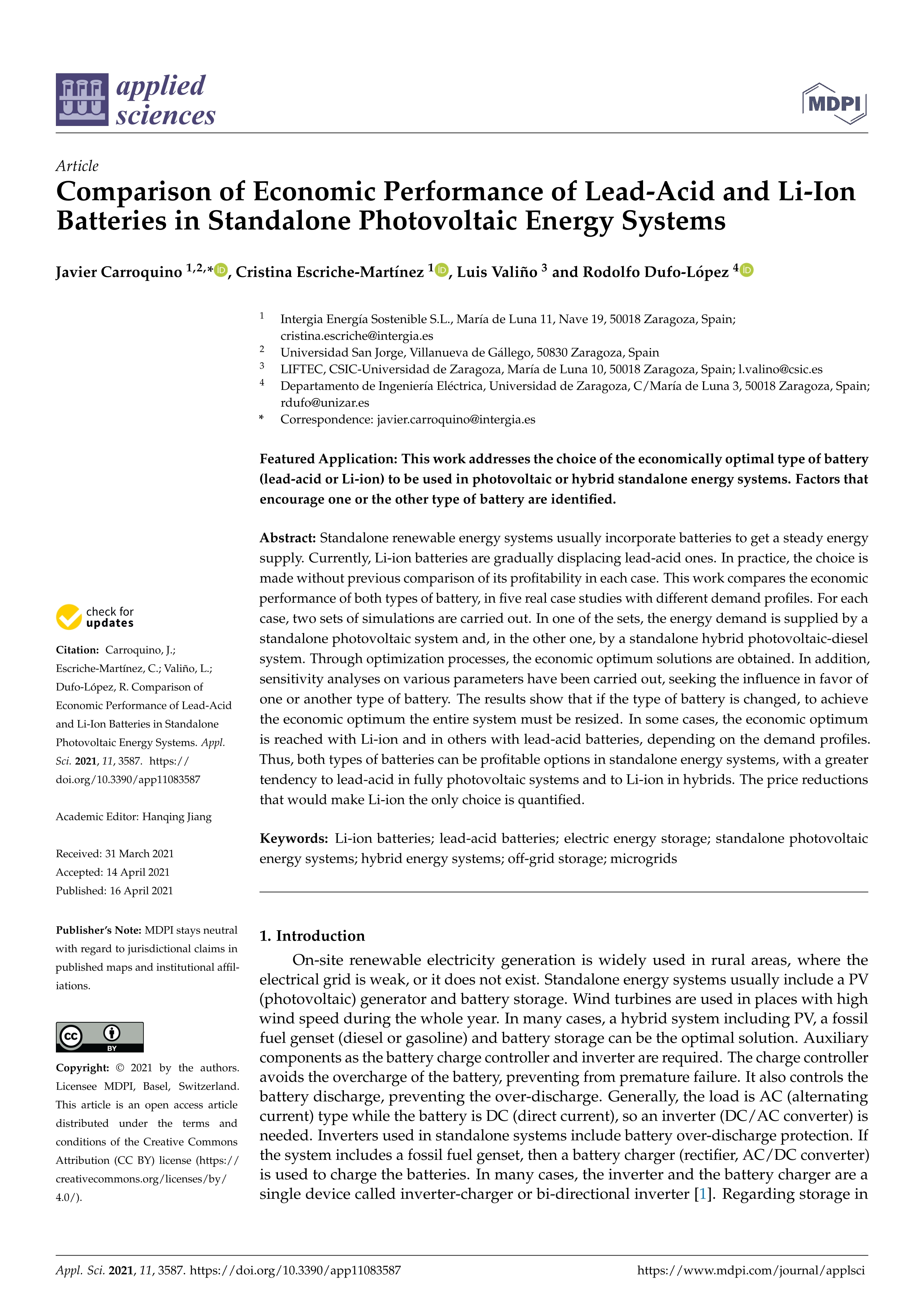 Comparison of economic performance of lead-acid and li-ion batteries in standalone photovoltaic energy systems