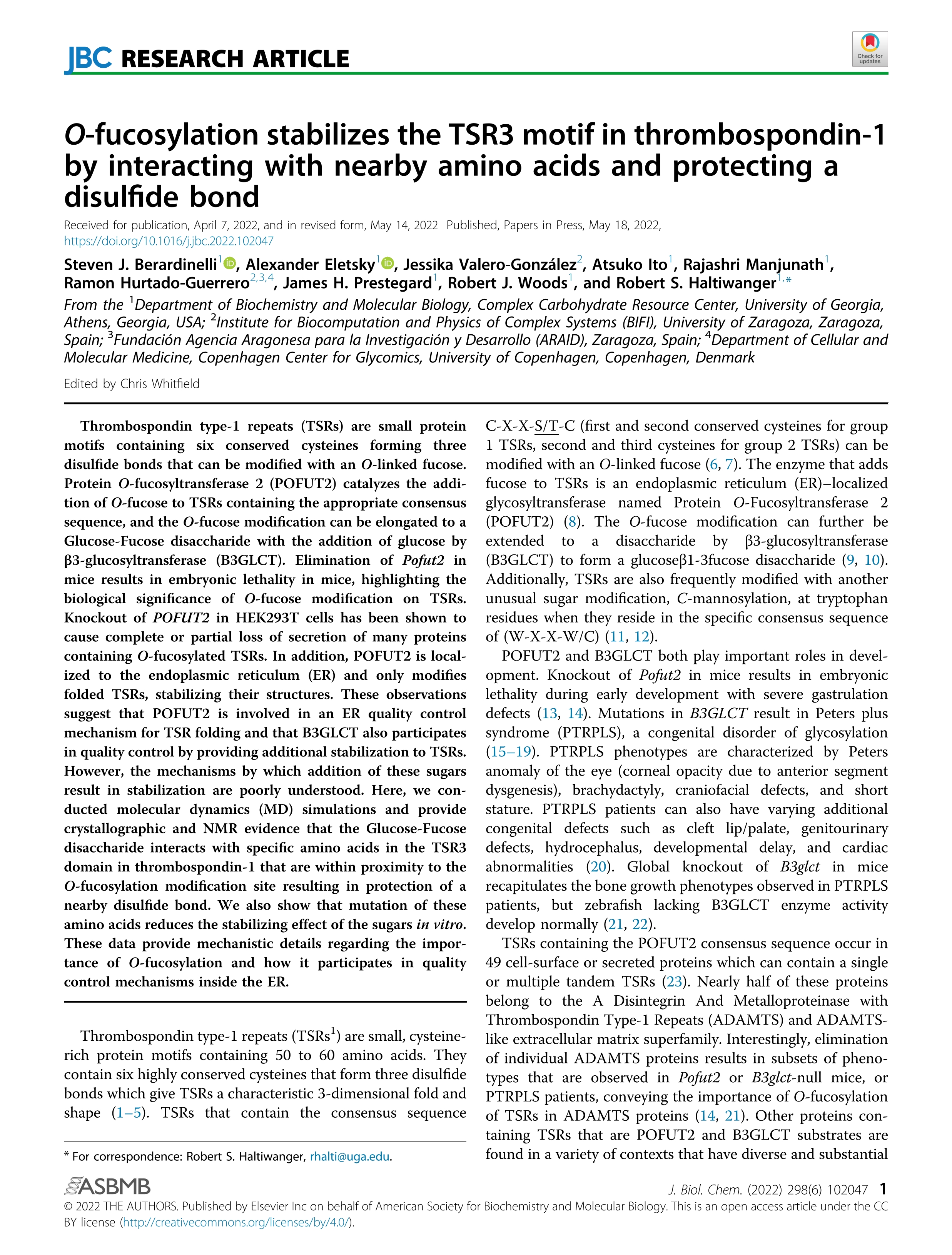 O-fucosylation stabilizes the TSR3 motif in thrombospondin-1 by interacting with nearby amino acids and protecting a disulfide bond; 35597280