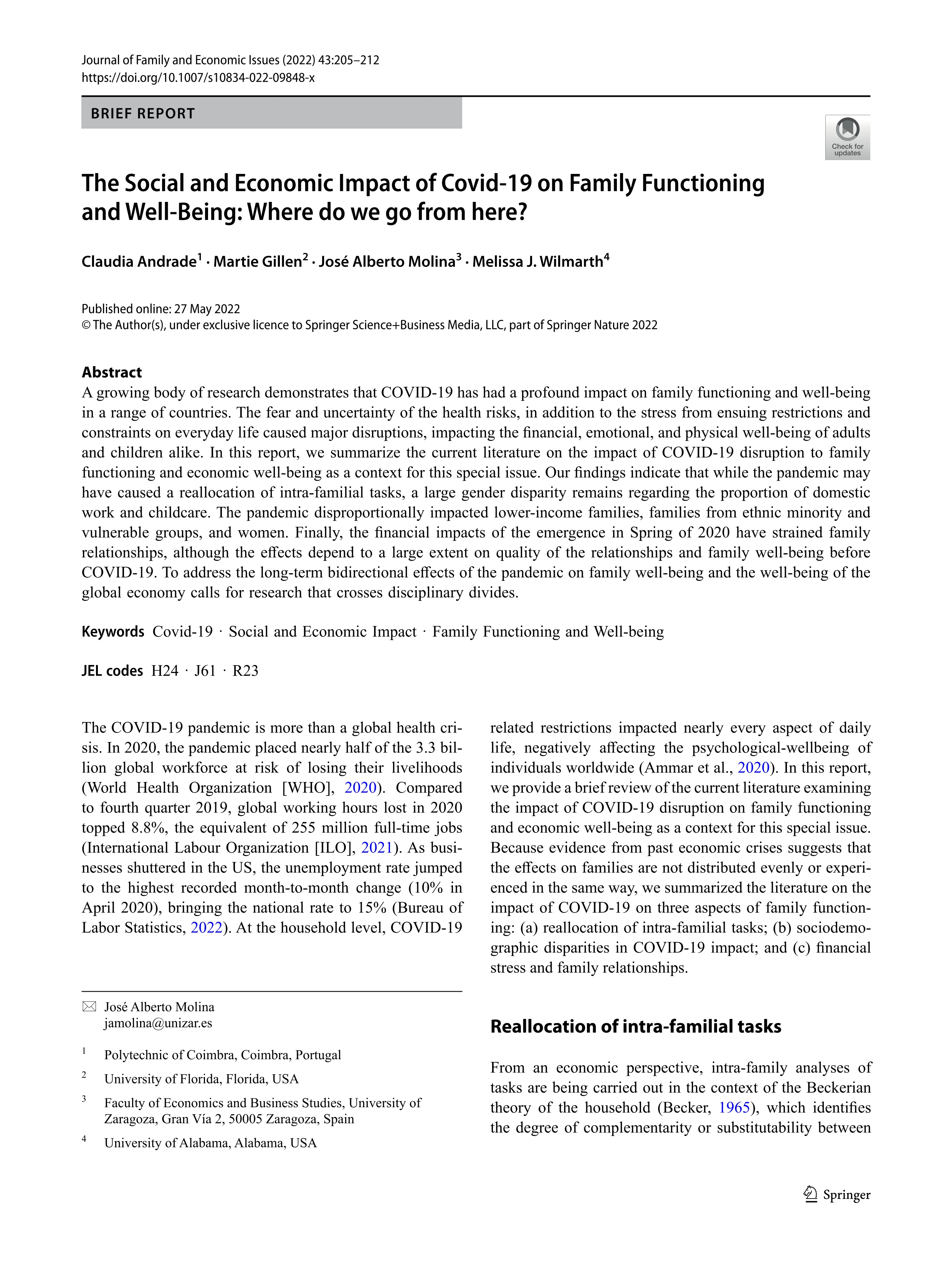 The Social and Economic Impact of Covid-19 on Family Functioning and Well-Being: Where do we go from here?