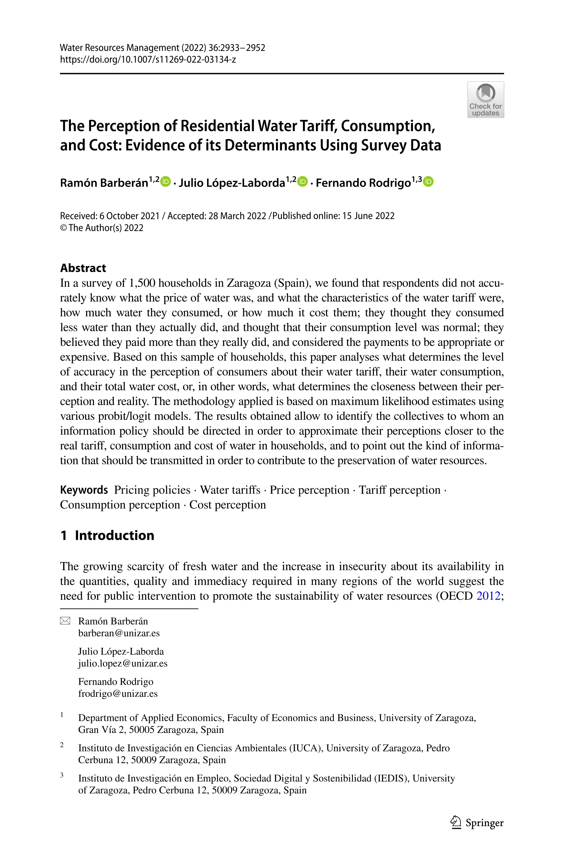 The Perception of Residential Water Tariff, Consumption, and Cost: Evidence of its Determinants Using Survey Data