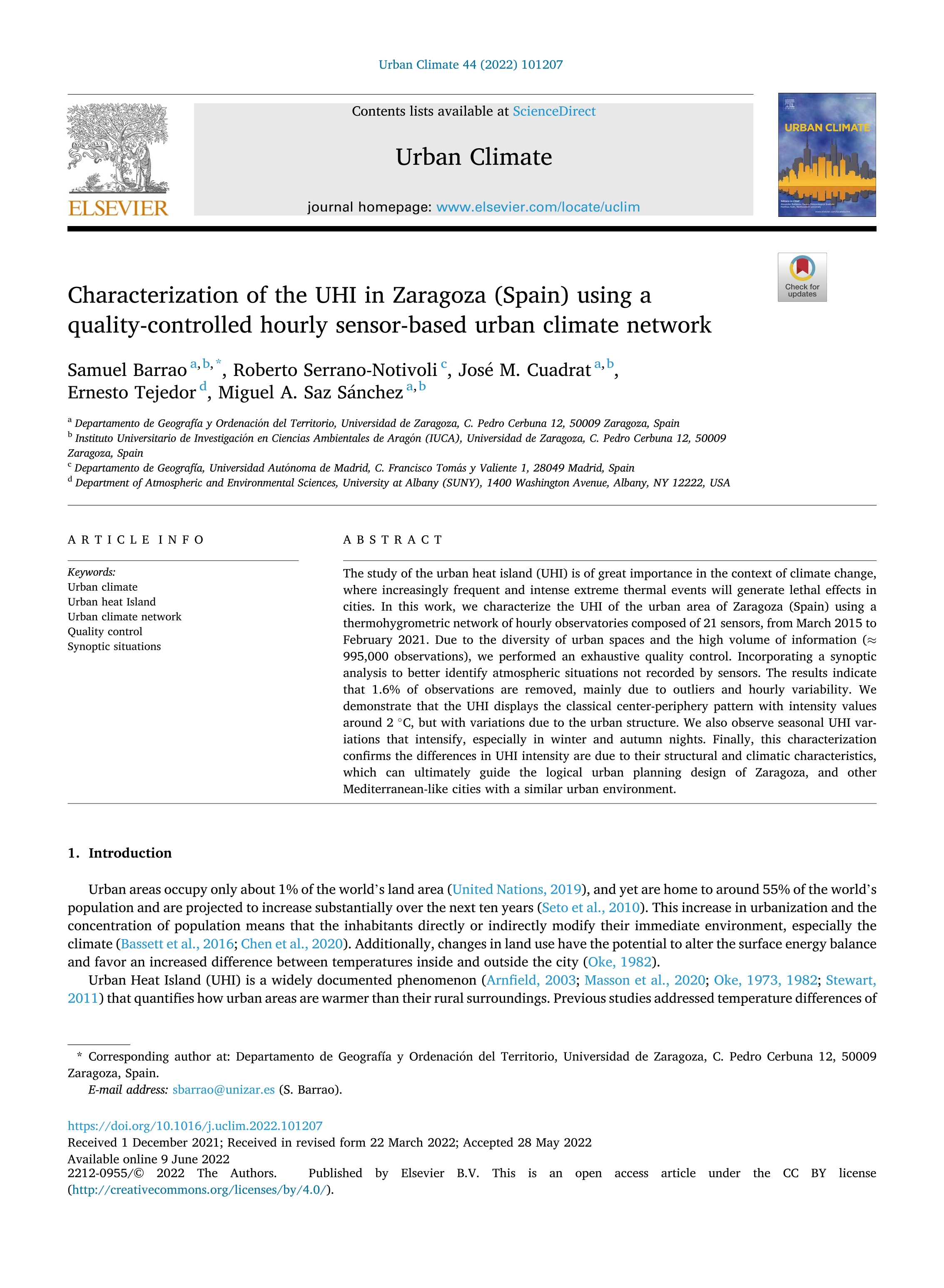 Characterization of the UHI in Zaragoza (Spain) using a quality-controlled hourly sensor-based urban climate network
