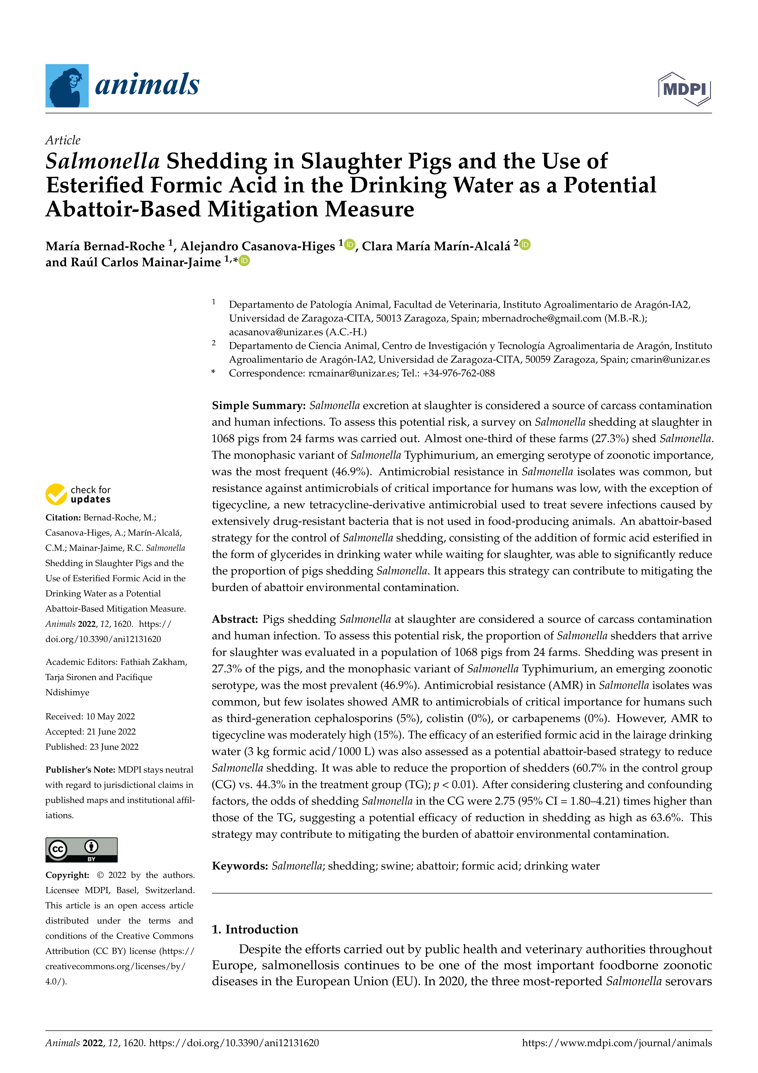 Salmonella Shedding in Slaughter Pigs and the Use of Esterified Formic Acid in the Drinking Water as a Potential Abattoir-Based Mitigation Measure