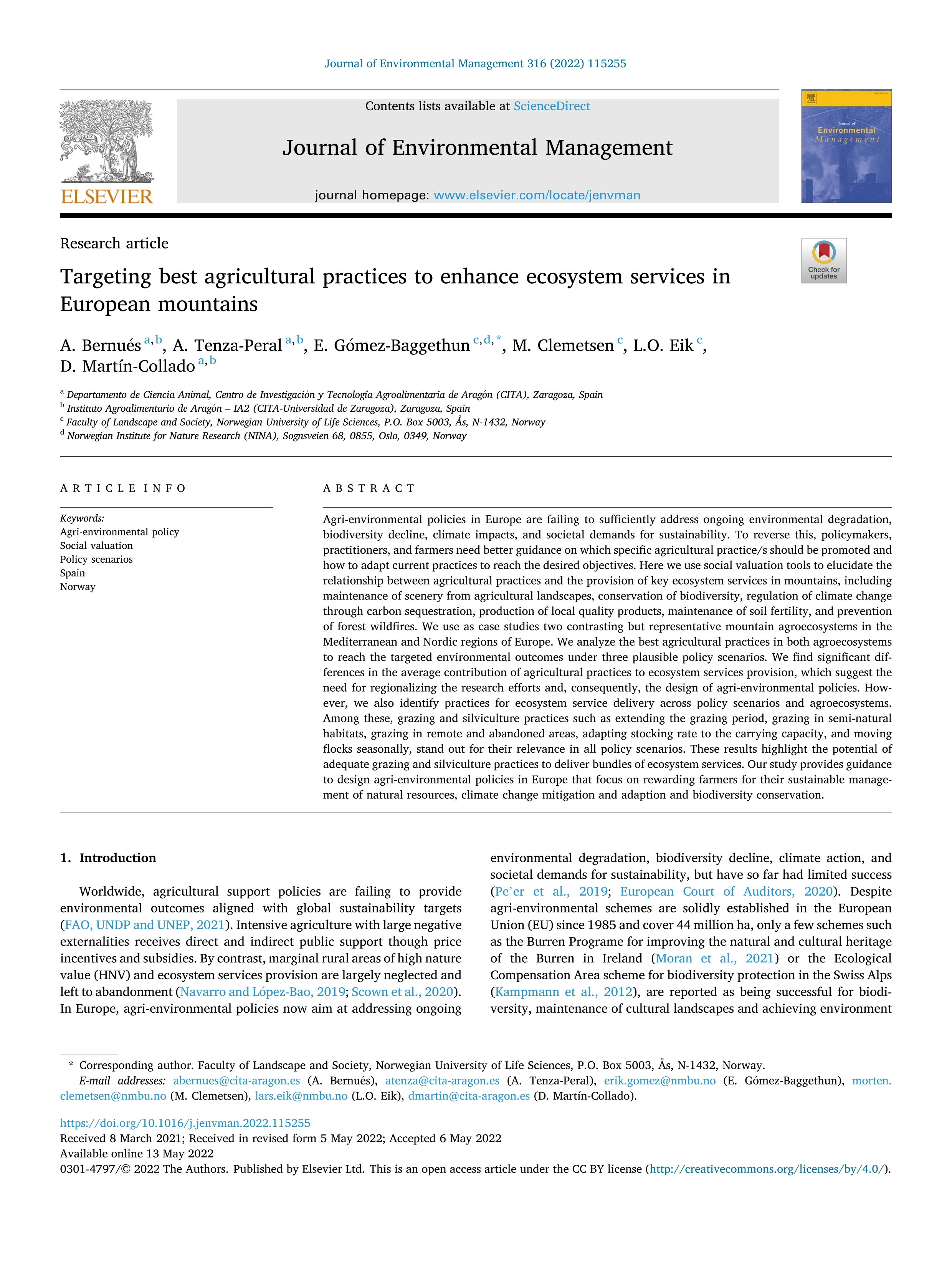 Targeting best agricultural practices to enhance ecosystem services in European mountains