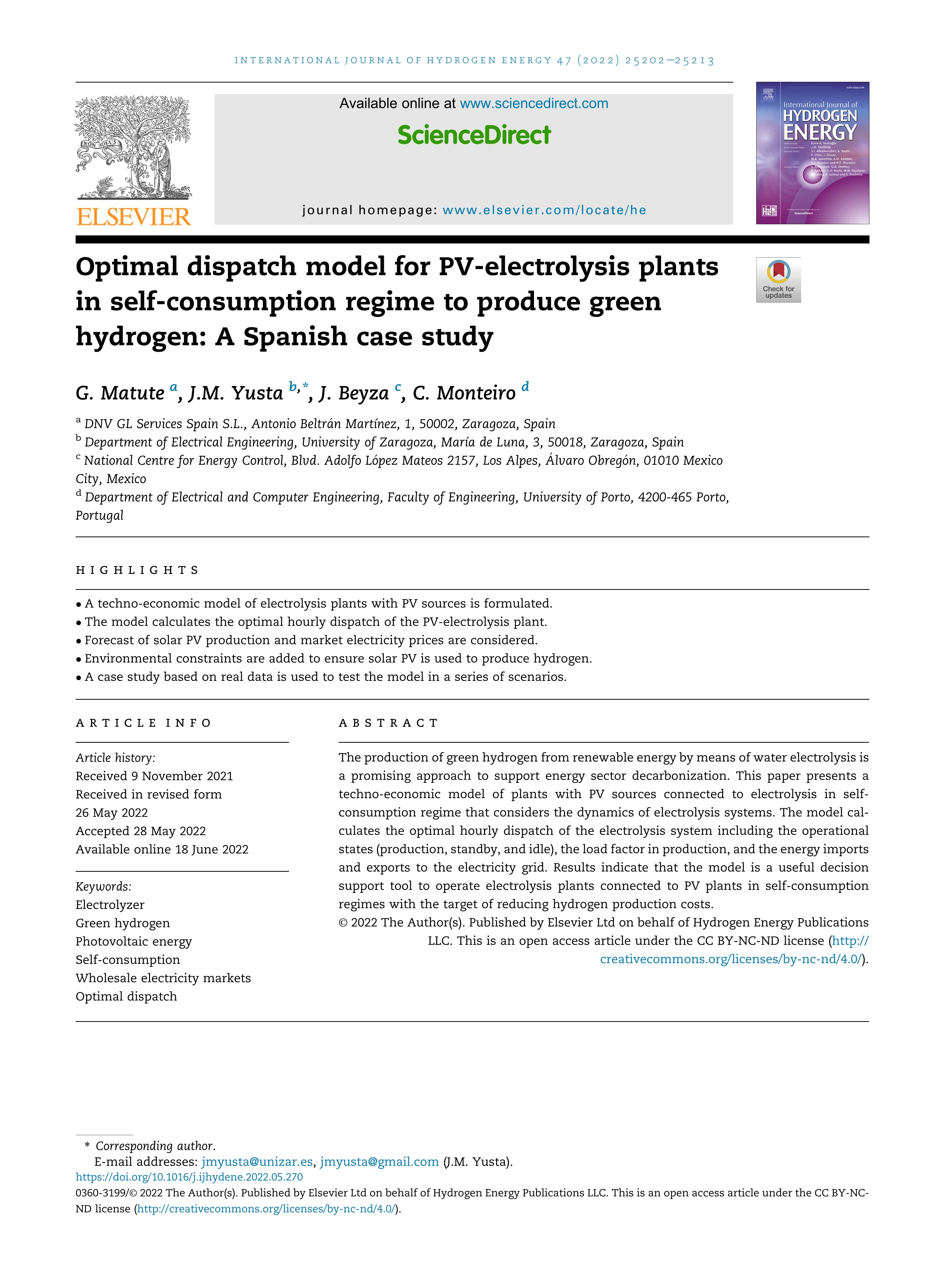 Optimal dispatch model for PV-electrolysis plants in self-consumption regime to produce green hydrogen: a Spanish case study