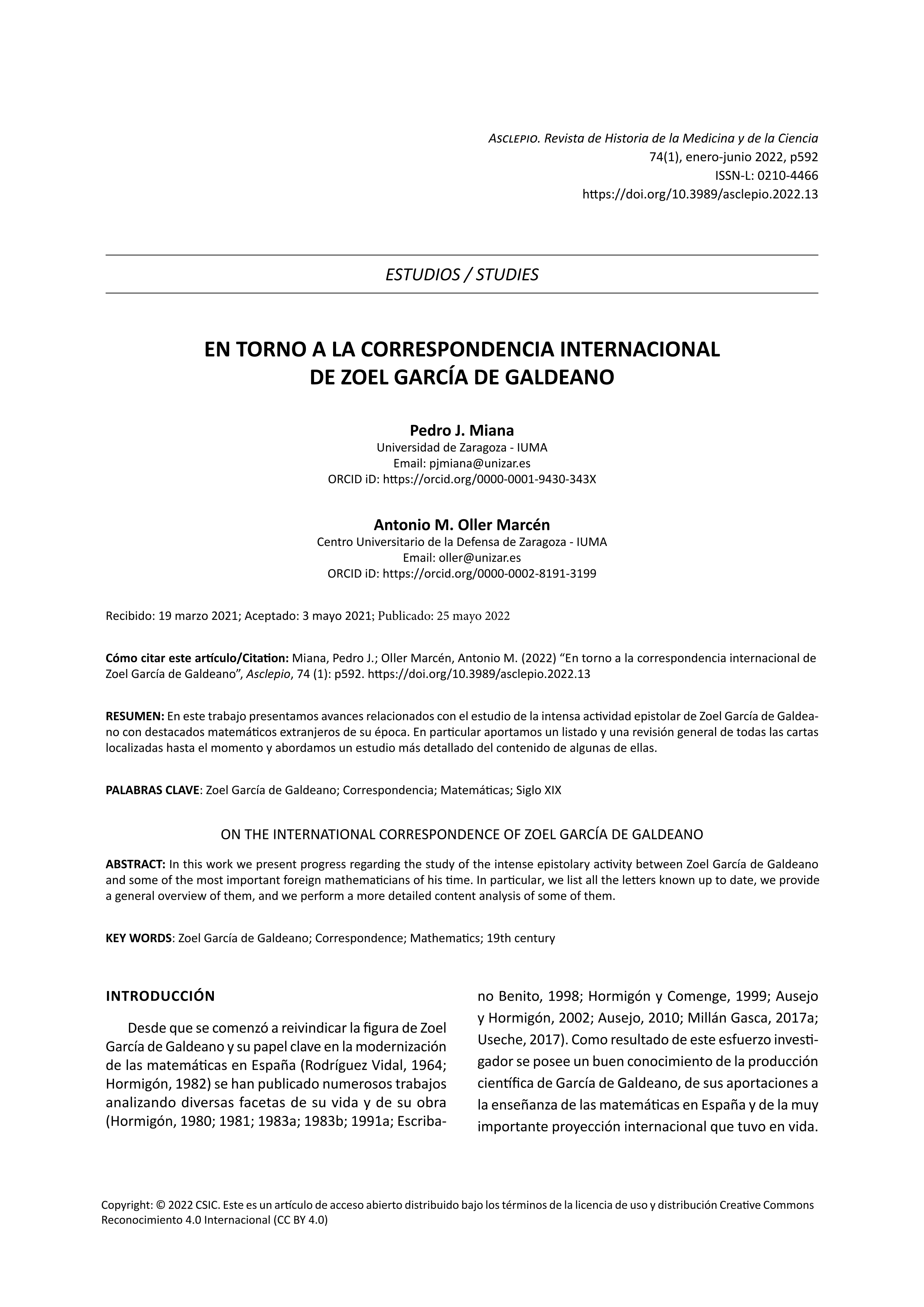 En torno a la correspondencia internacional de Zoel García de Galdeano