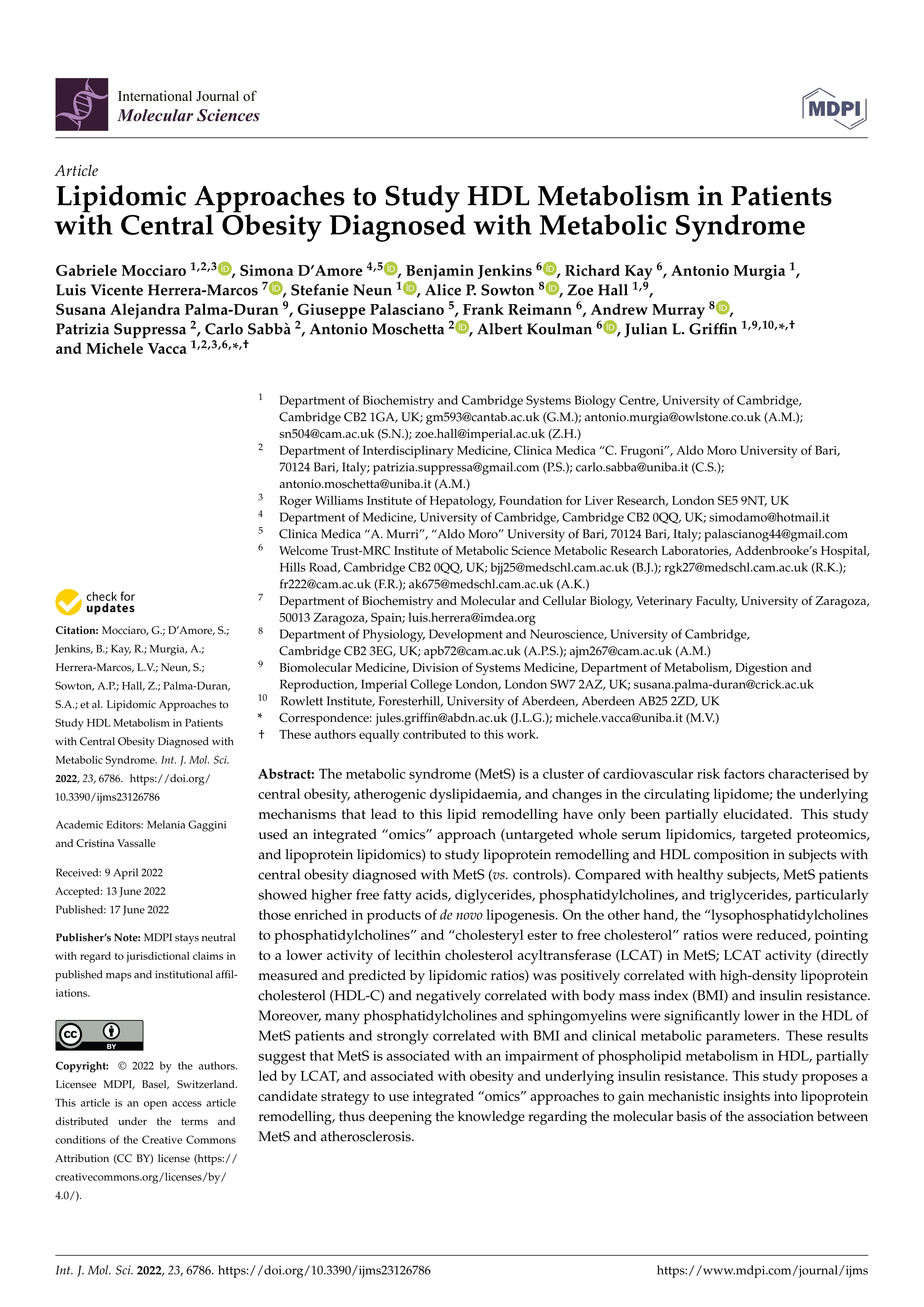 Lipidomic approaches to study HDL metabolism in patients with central obesity diagnosed with metabolic syndrome