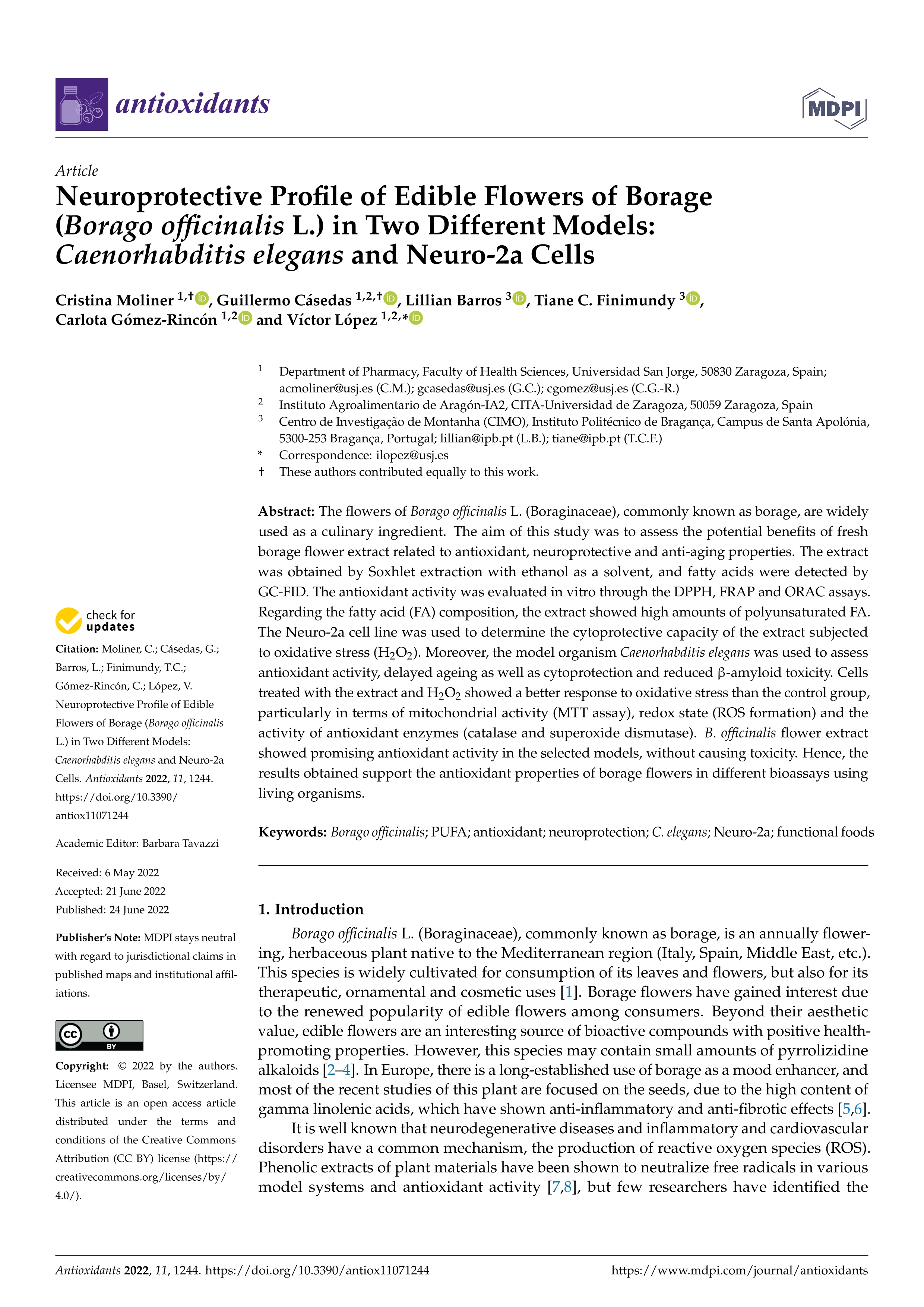 Neuroprotective profile of edible flowers of borage (Borago officinalis L.) in two different models: Caenorhabditis elegans and Neuro-2a cells