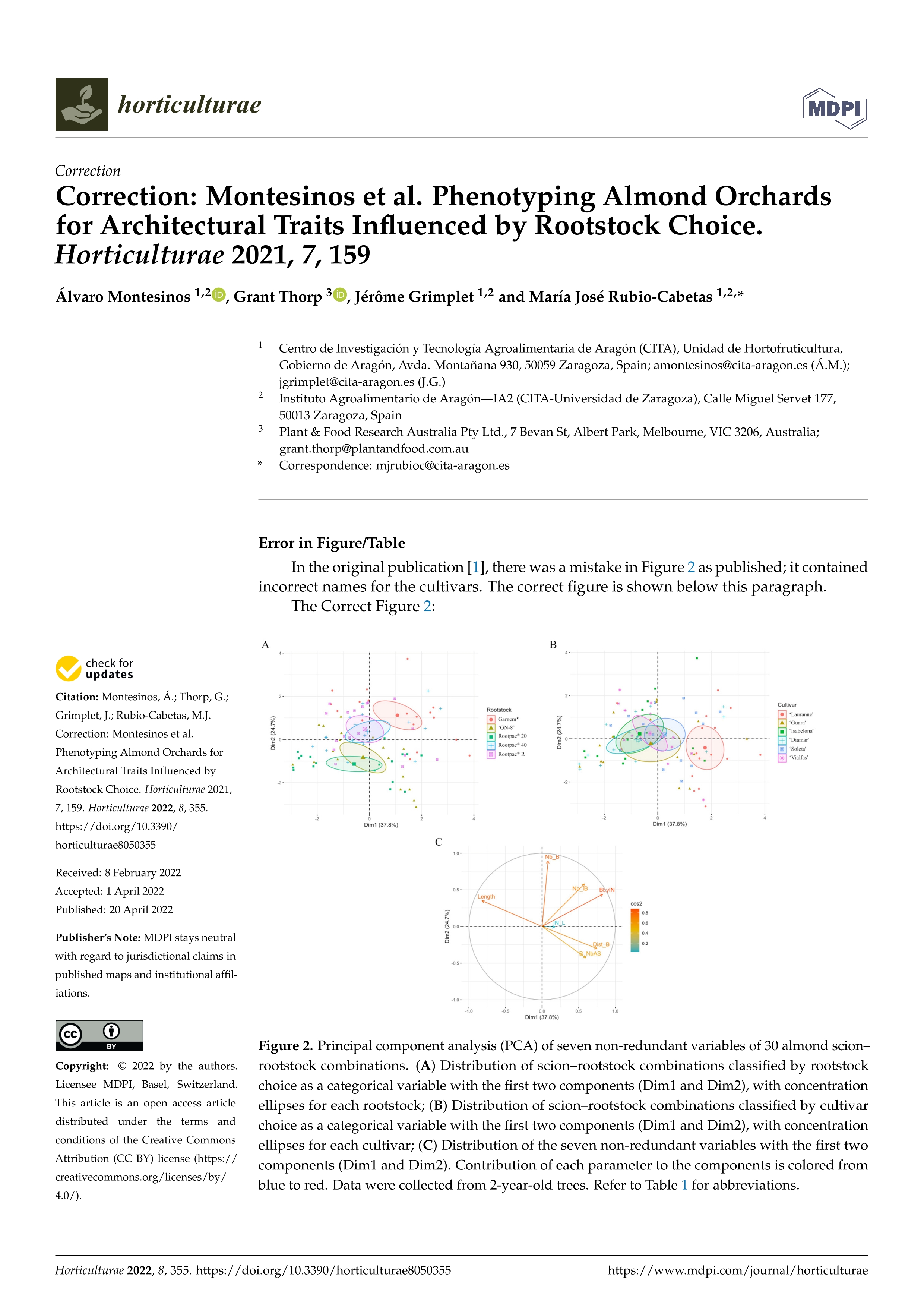 Correction: Montesinos et al. Phenotyping almond orchards for architectural traits influenced by rootstock choice. Horticulturae 2021, 7, 159