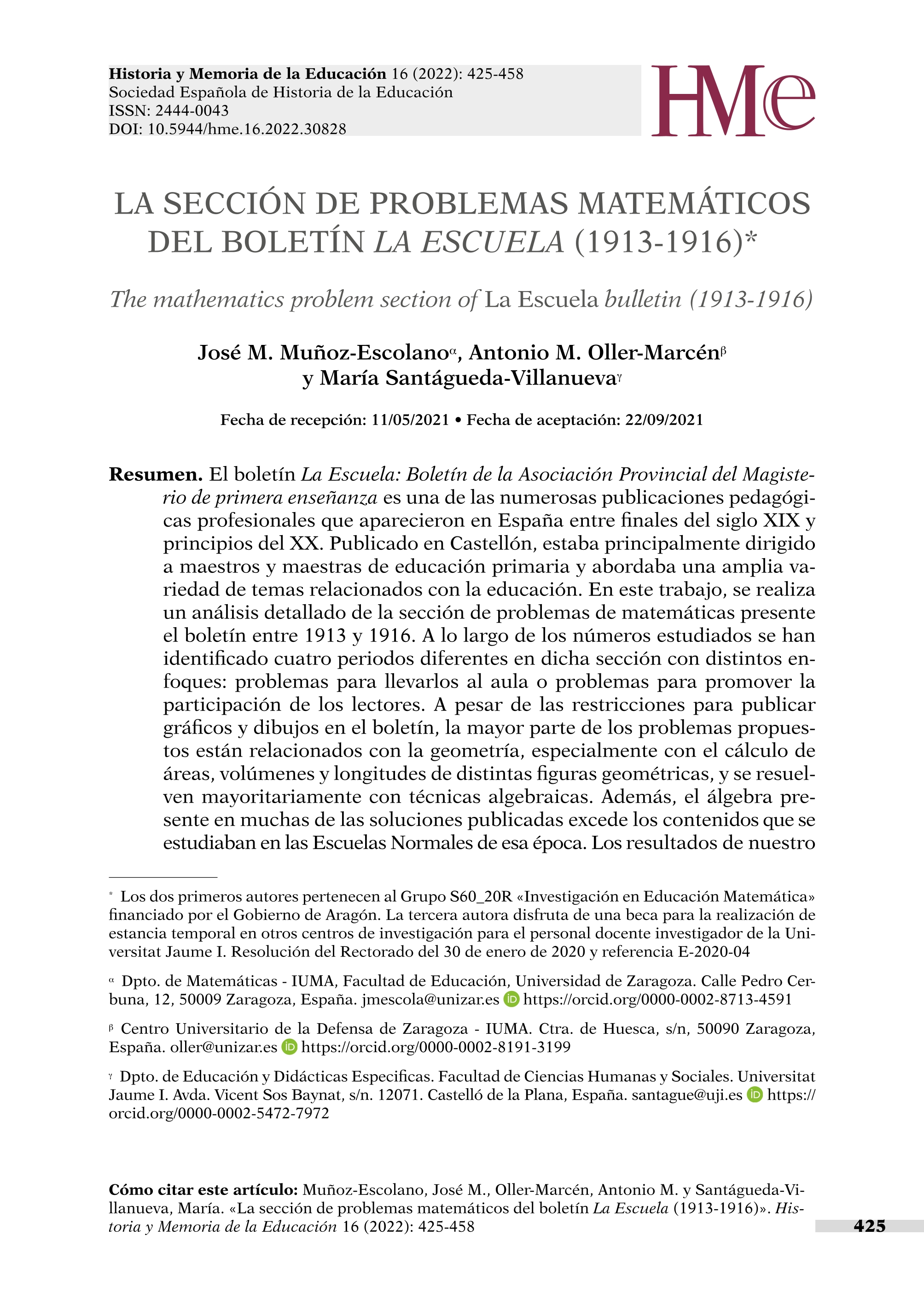 La sección de problemas matemáticos del boletín La Escuela (1913-1916)