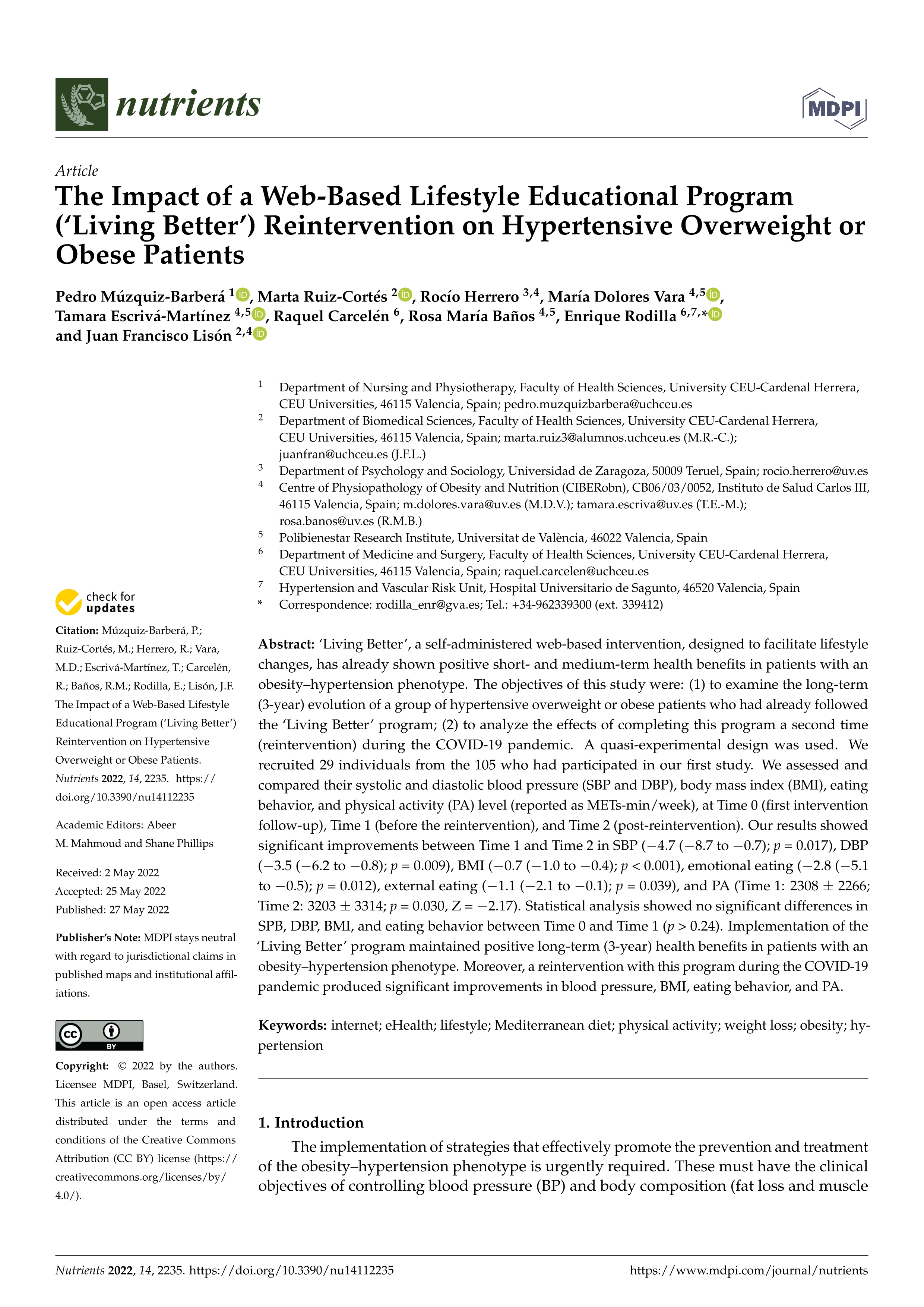 The impact of a web-based lifestyle educational program (‘Living Better’) Reintervention on hypertensive overweight or obese patients