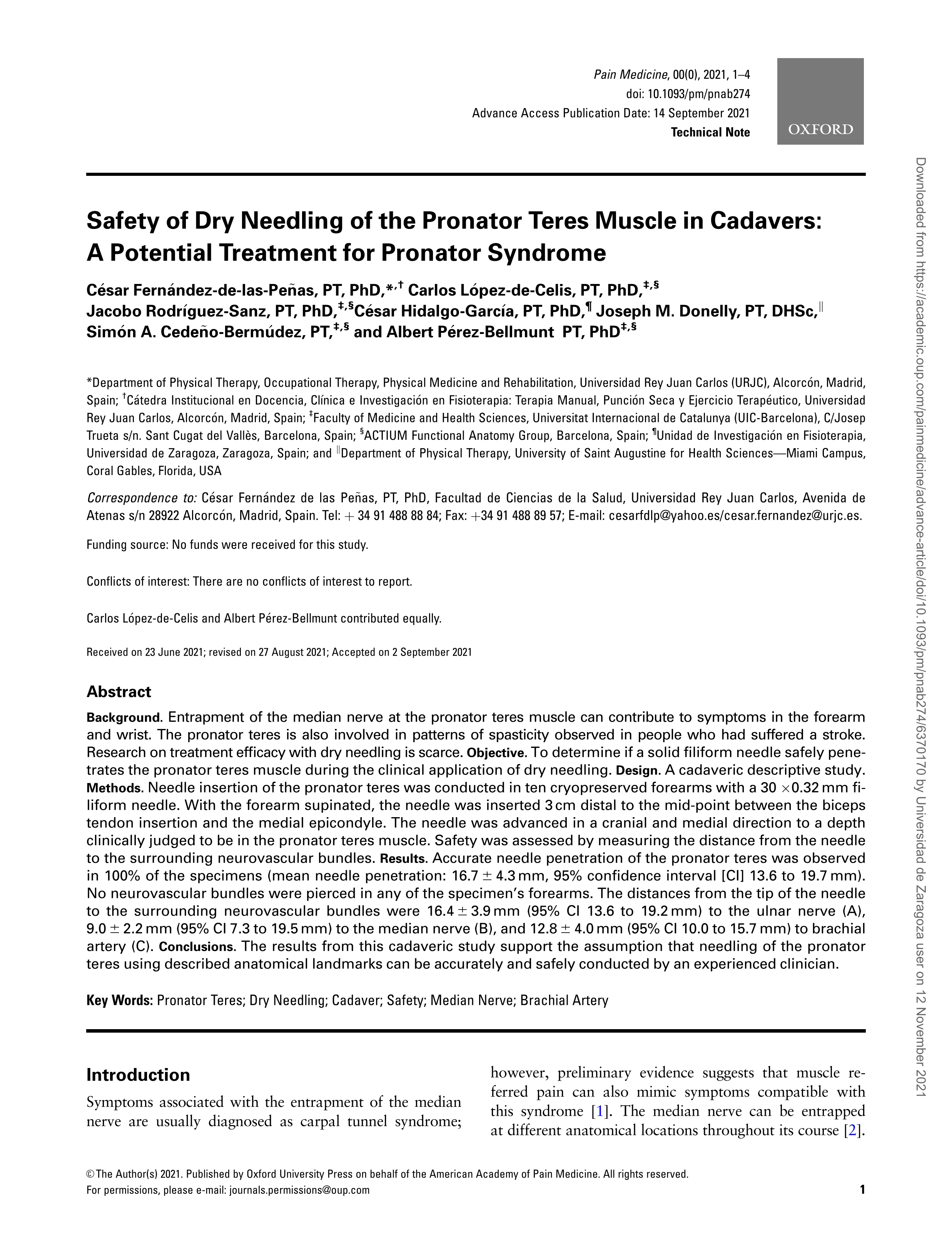 Safety of Dry Needling of the Pronator Teres Muscle in Cadavers: A Potential Treatment for Pronator Syndrome