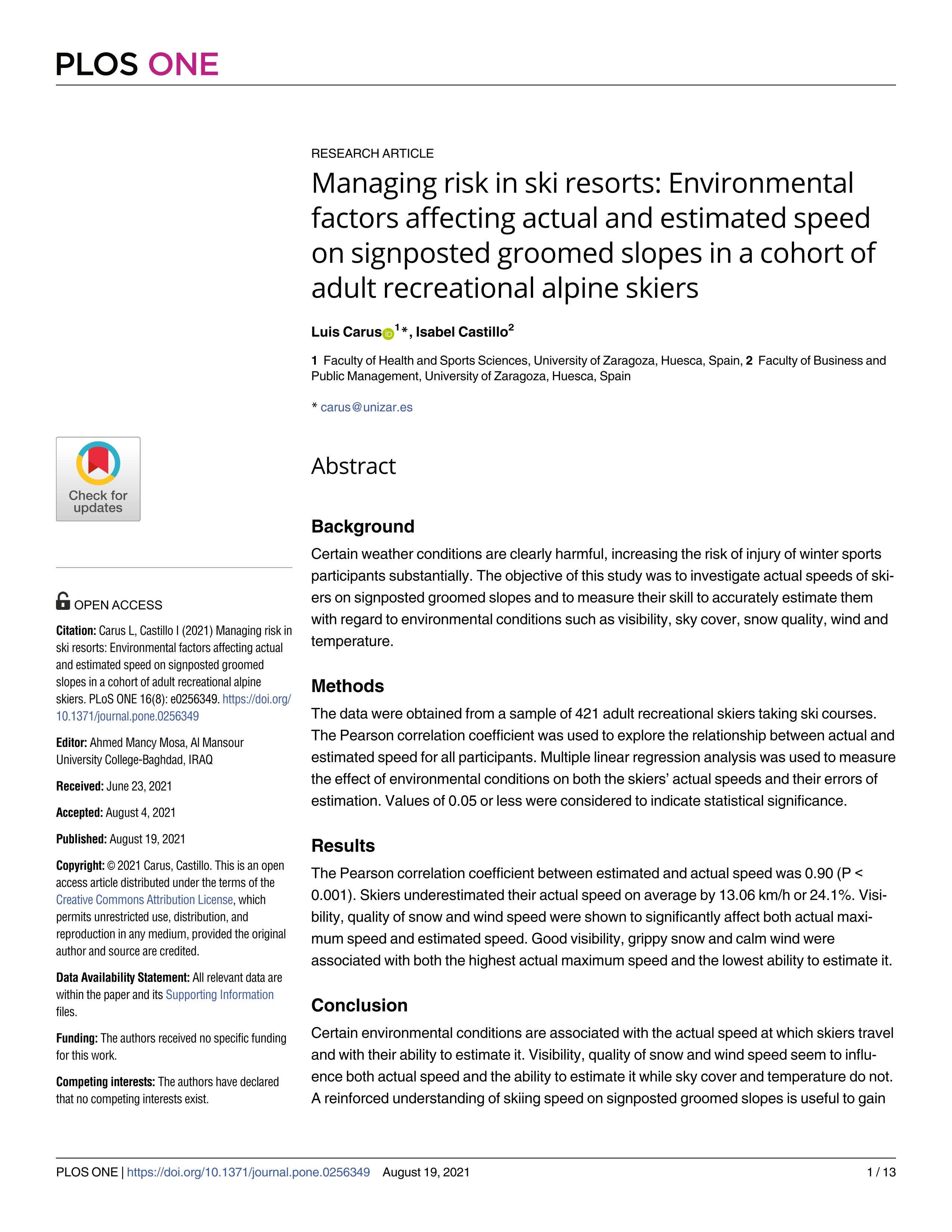 Managing risk in ski resorts: Environmental factors affecting actual and estimated speed on signposted groomed slopes in a cohort of adult recreational alpine skiers