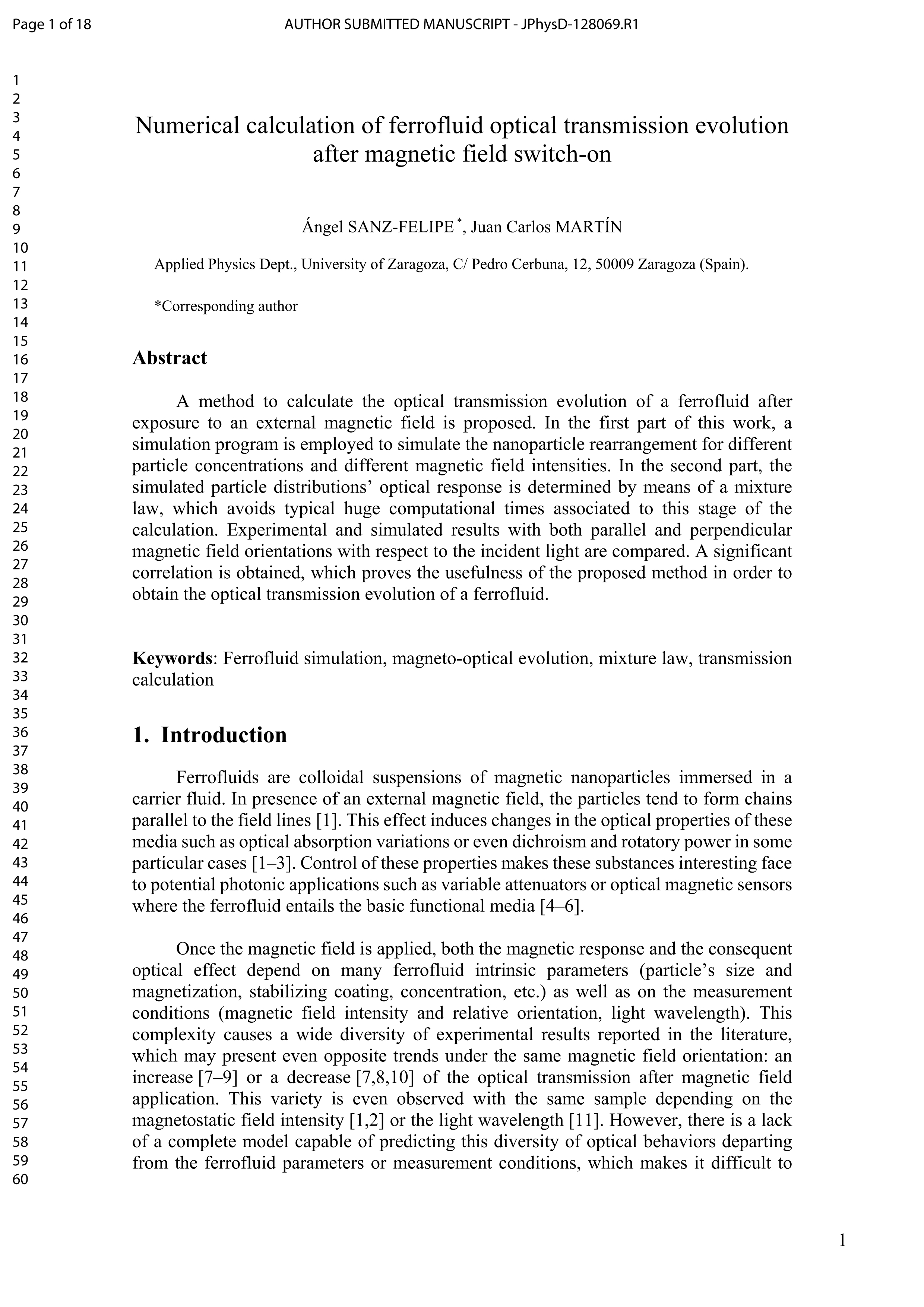 Numerical calculation of ferrofluid optical transmission evolution after magnetic field switch-on