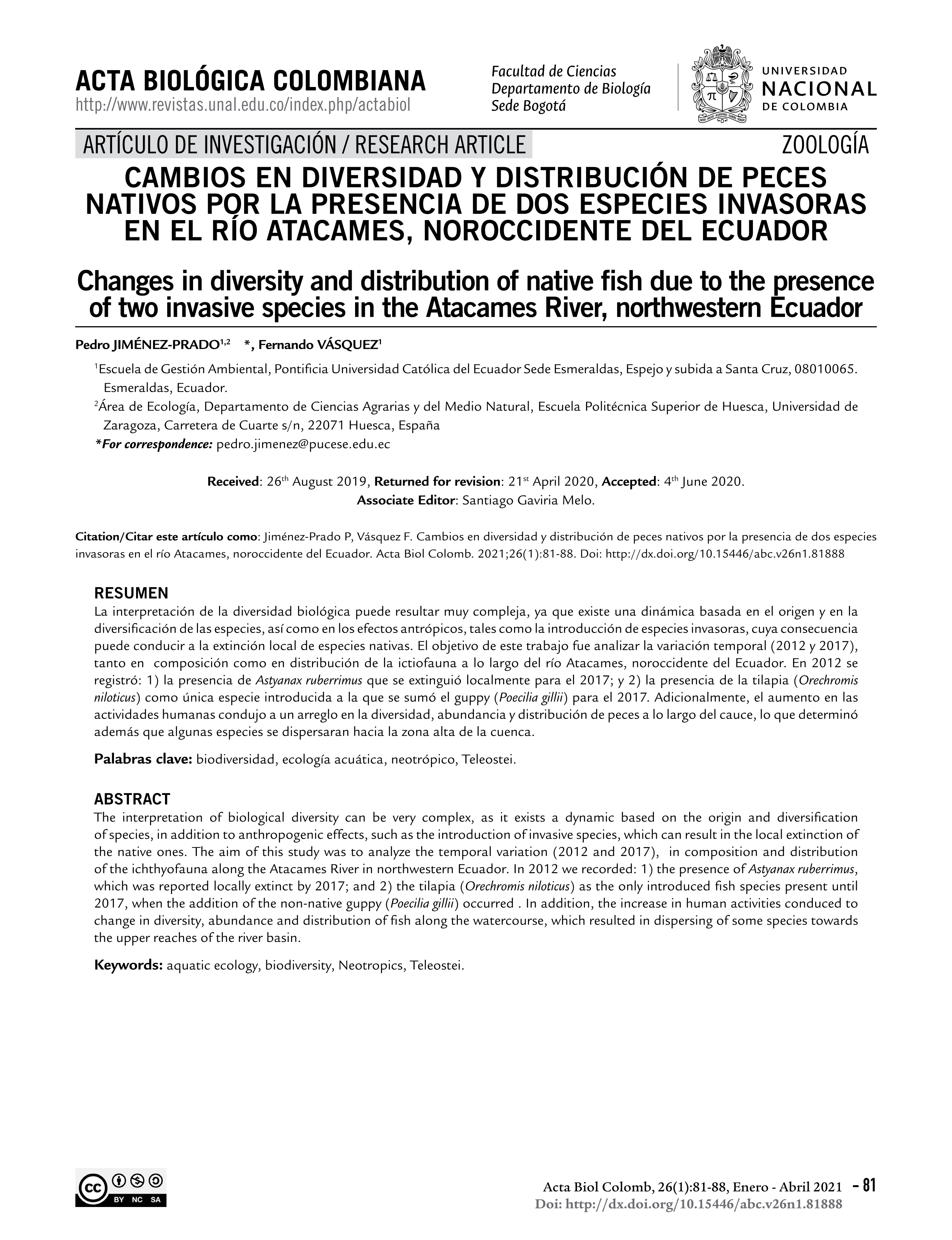 Changes in diversity and distribution of native fish due to the presence of two invasive species in the Atacames River, northwestern Ecuador