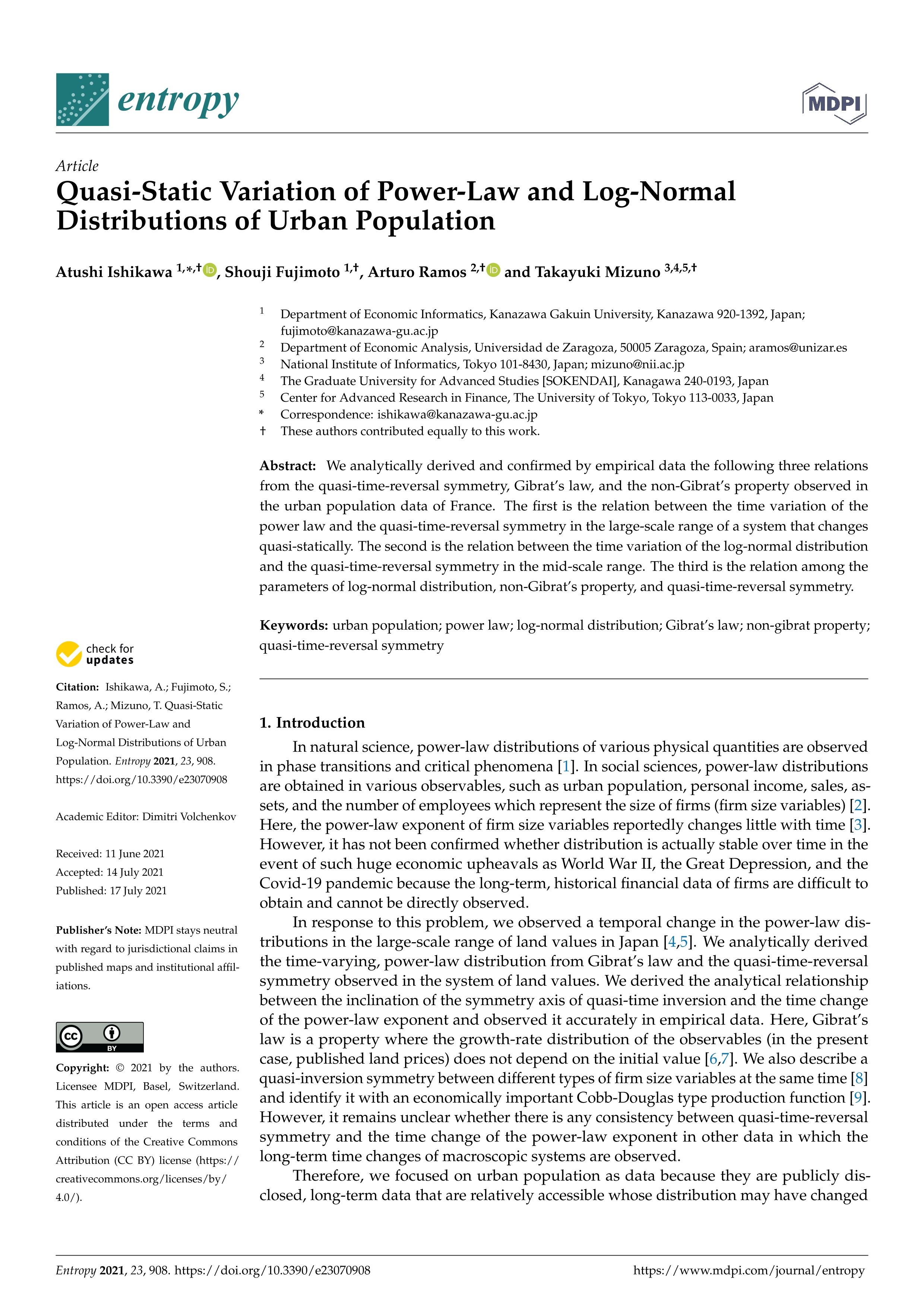 Quasi-static variation of power-law and log-normal distributions of urban population