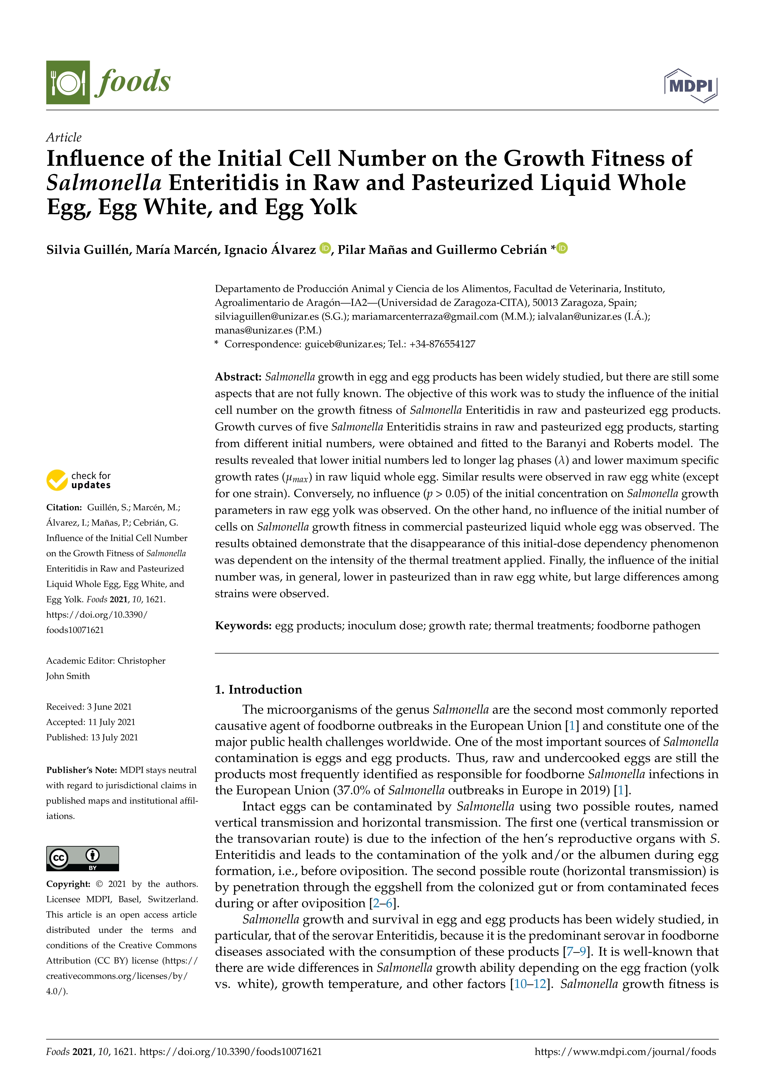 Influence of the initial cell number on the growth fitness of salmonella enteritidis in raw and pasteurized liquid whole egg, egg white, and egg yolk