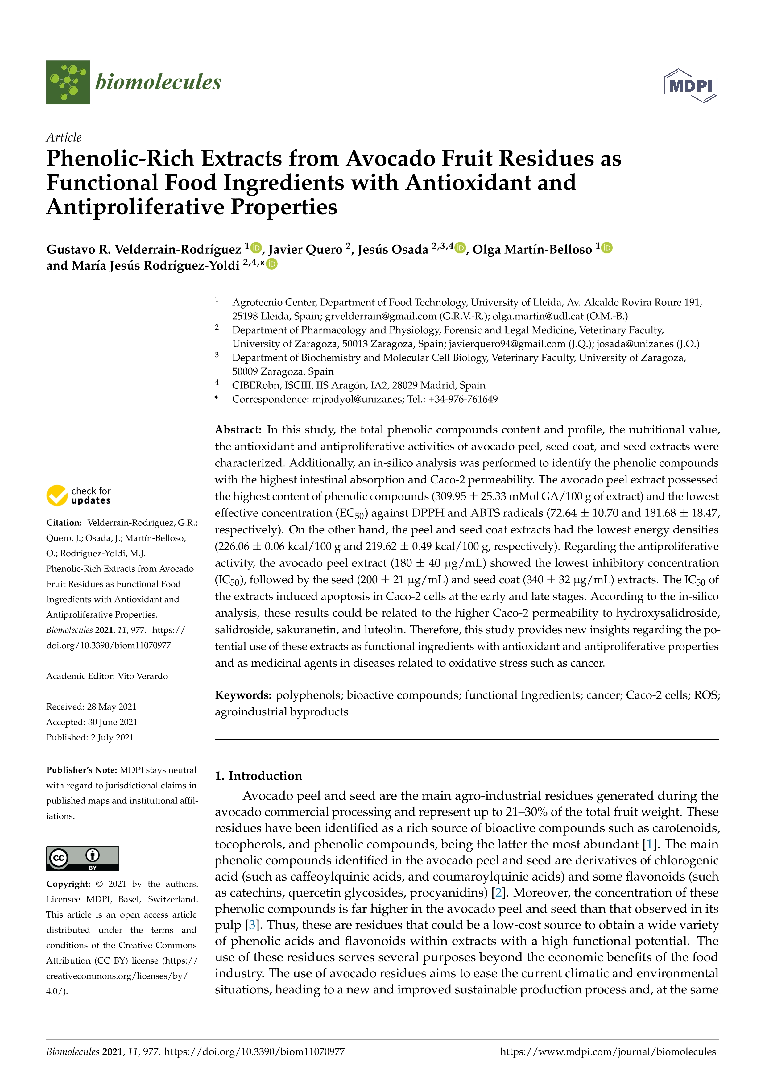 Phenolic-rich extracts from avocado fruit residues as functional food ingredients with antioxidant and antiproliferative properties