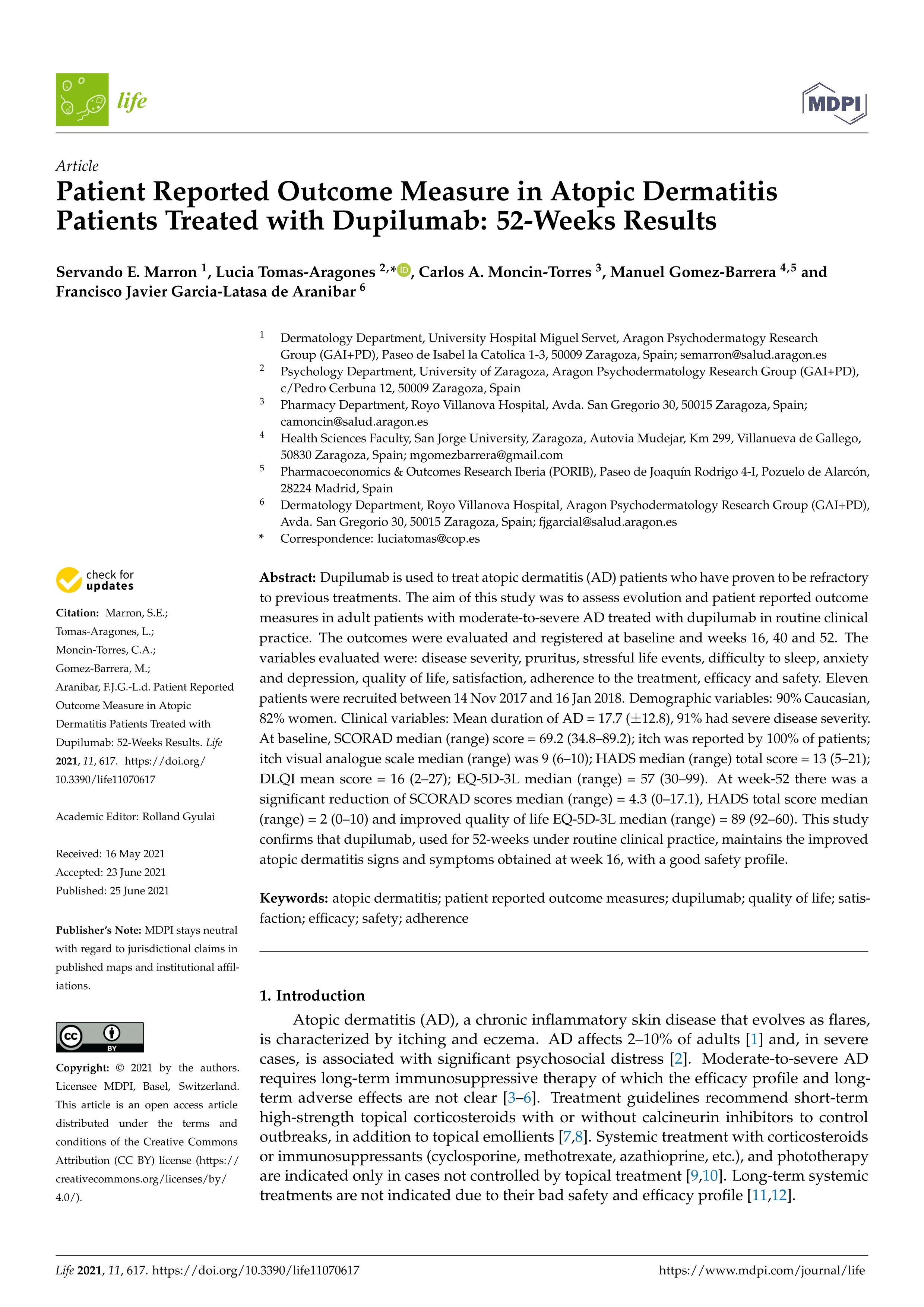 Patient reported outcome measure in atopic dermatitis patients treated with dupilumab: 52-weeks results