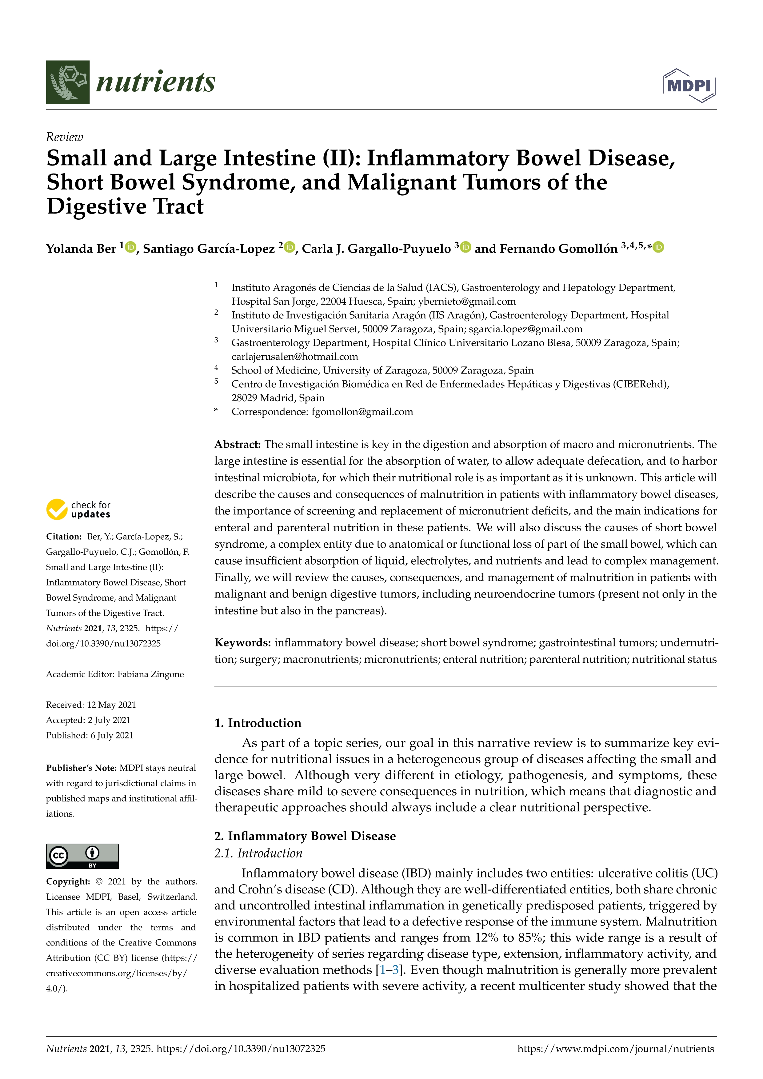 Small and large intestine (II): Inflammatory bowel disease, short bowel syndrome, and malignant tumors of the digestive tract