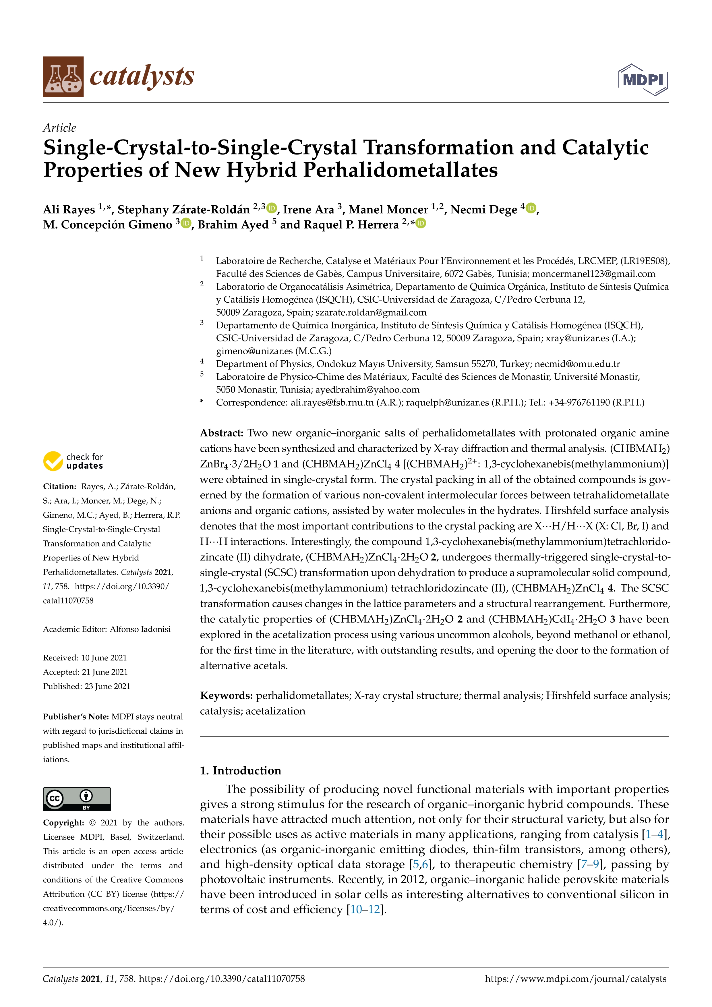 Single-crystal-to-single-crystal transformation and catalytic properties of new hybrid perhalidometallates