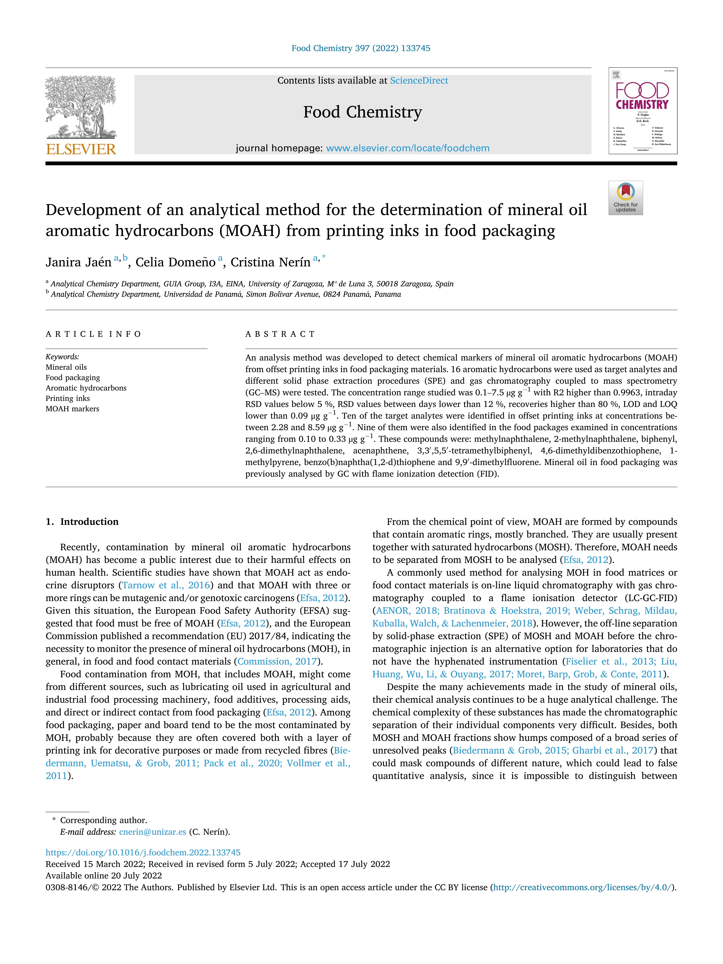 Development of an analytical method for the determination of mineral oil aromatic hydrocarbons (MOAH) from printing inks in food packaging