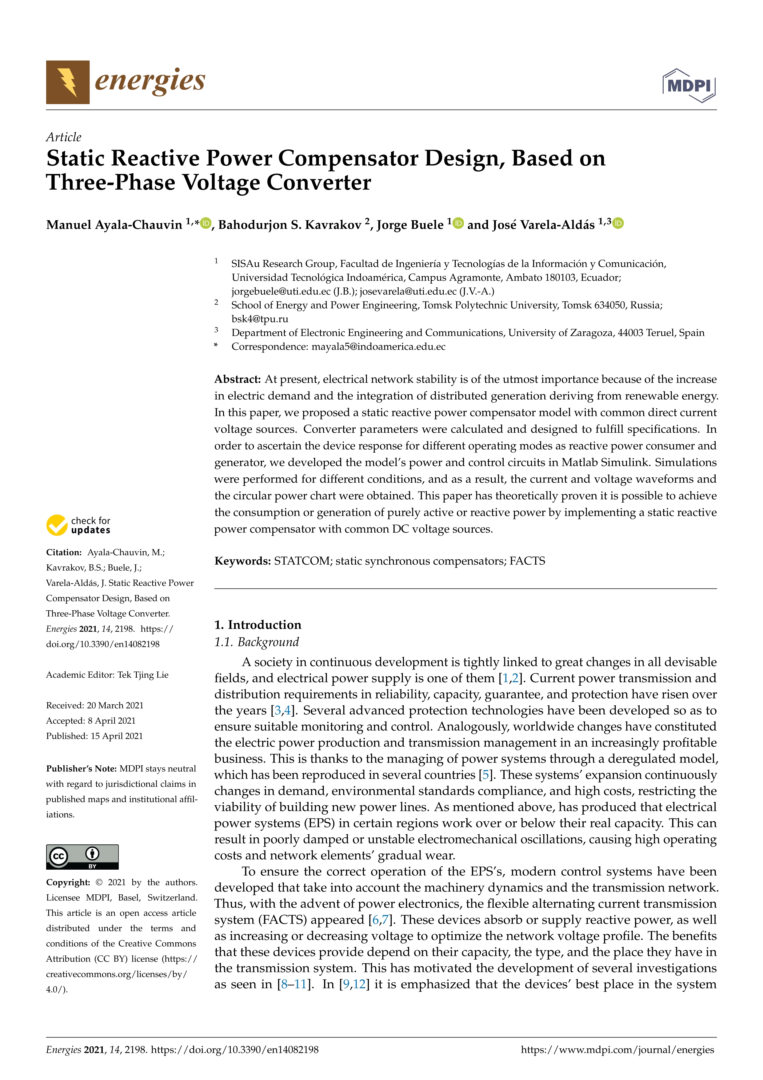 Static reactive power compensator design, based on three-phase voltage converter