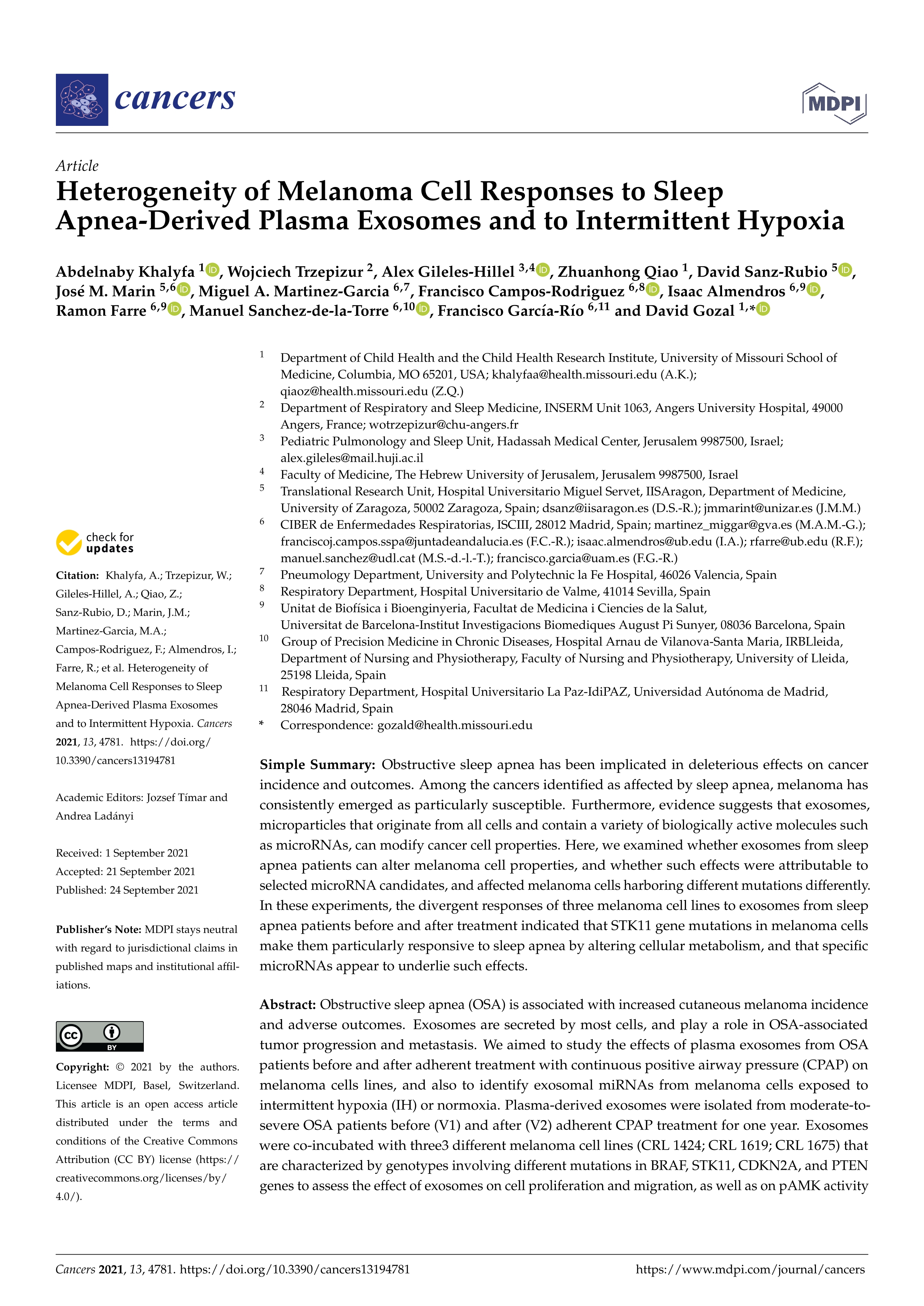 Heterogeneity of melanoma cell responses to sleep apnea-derived plasma exosomes and to intermittent hypoxia