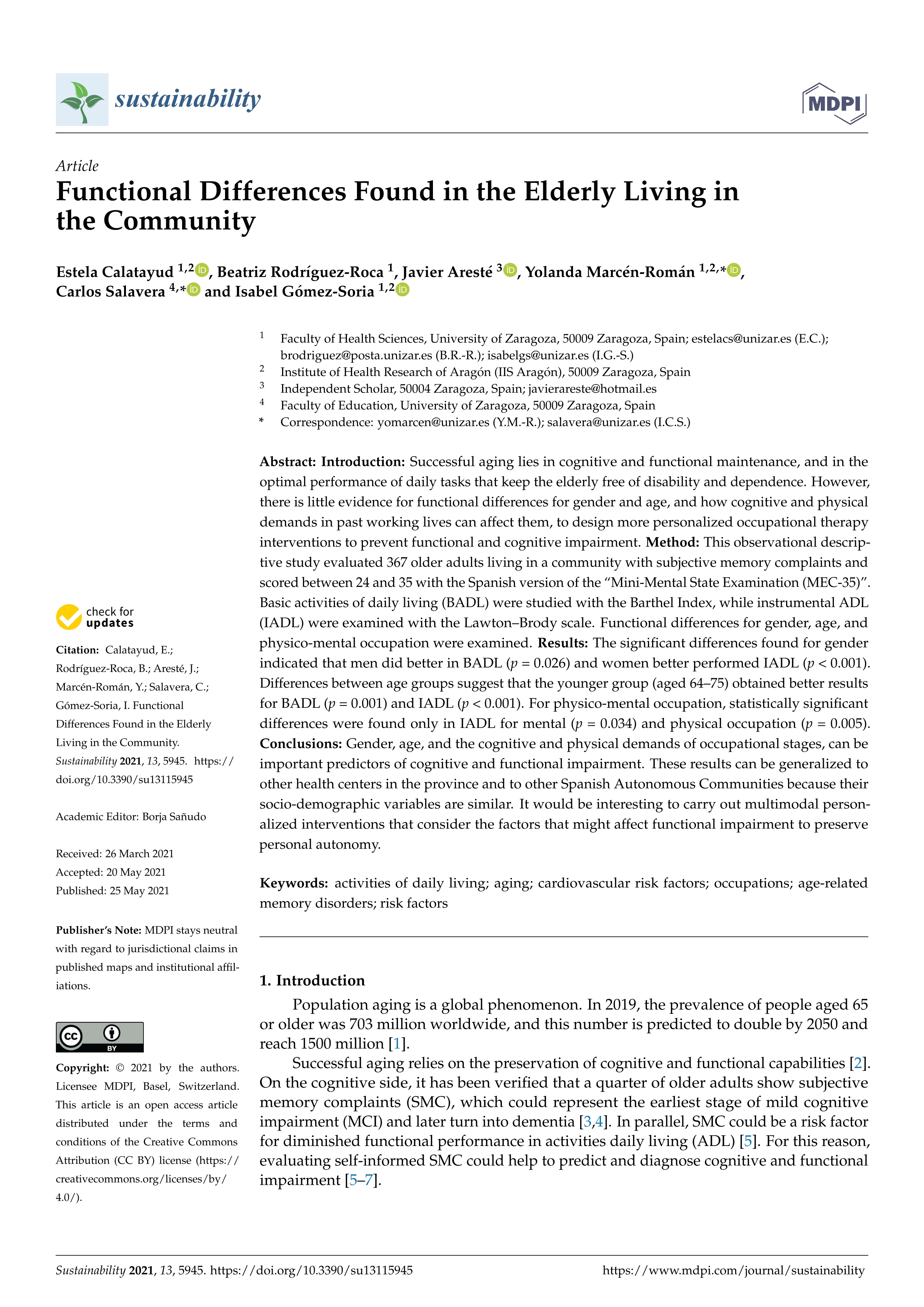 Functional differences found in the elderly living in the community