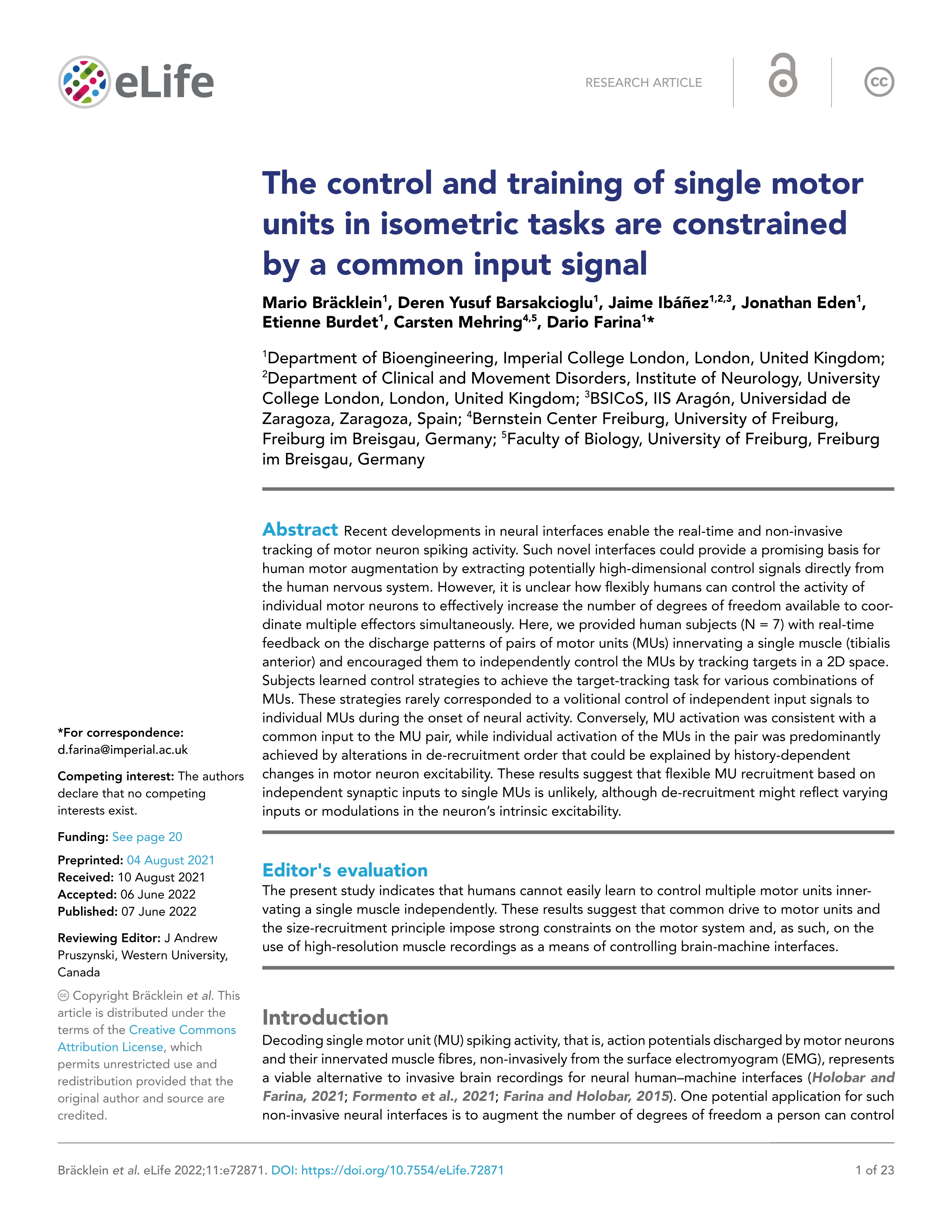 The control and training of single motor units in isometric tasks are constrained by a common input signal