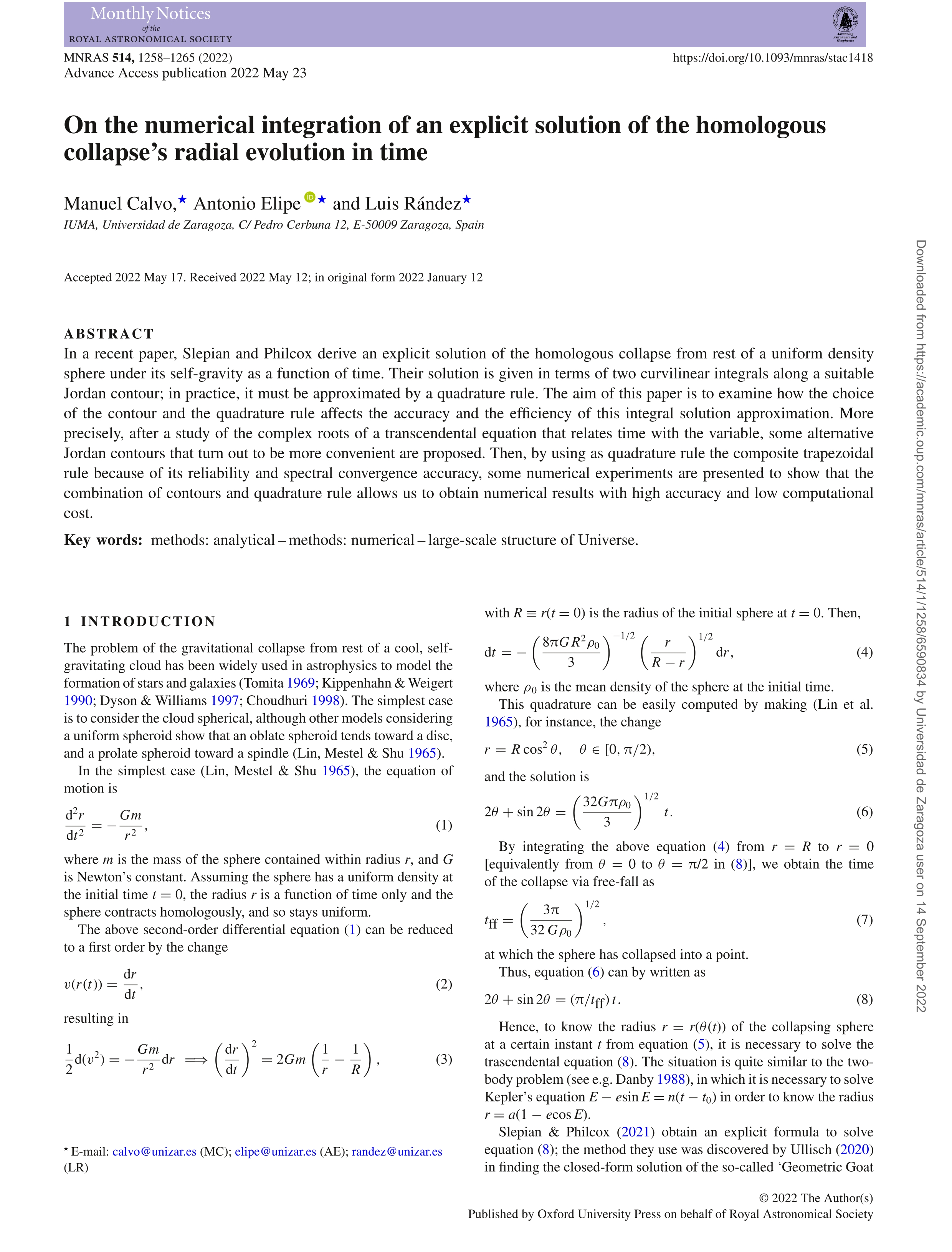 On the numerical integration of an explicit solution of the homologous collapse’s radial evolution in time