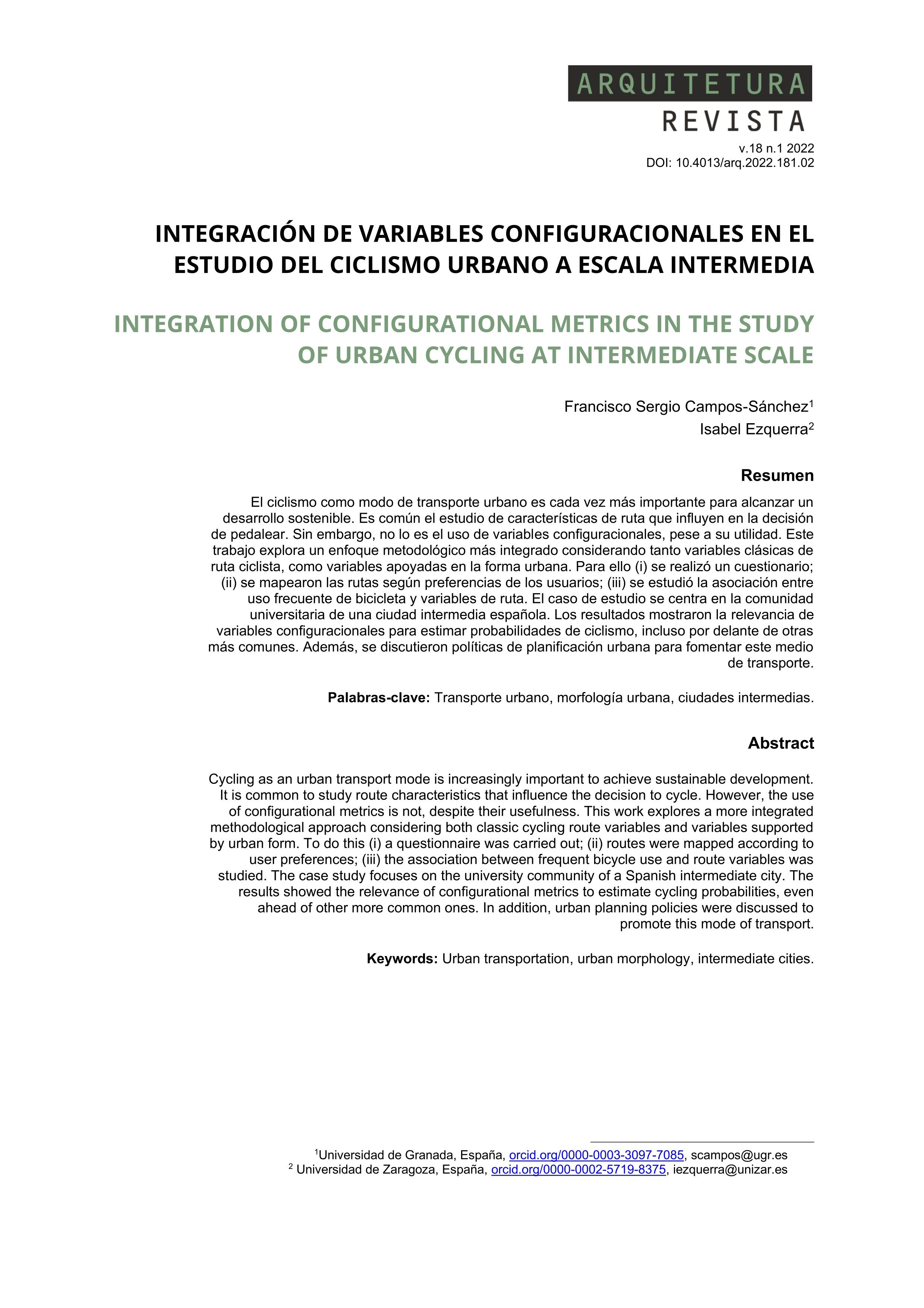 Integración de variables configuracionales en el estudio del ciclismo urbano a escala intermedia