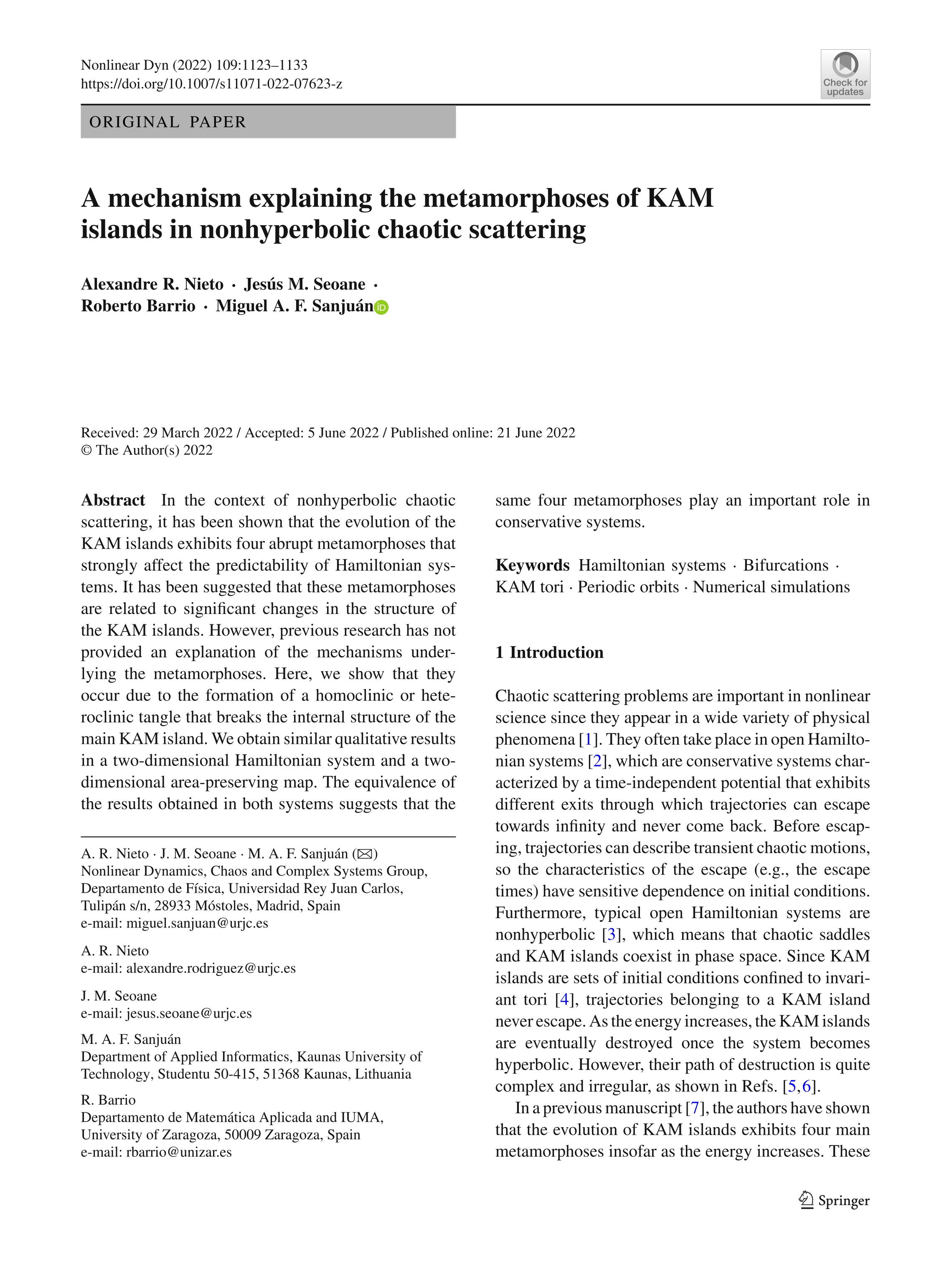 A mechanism explaining the metamorphoses of KAM islands in nonhyperbolic chaotic scattering