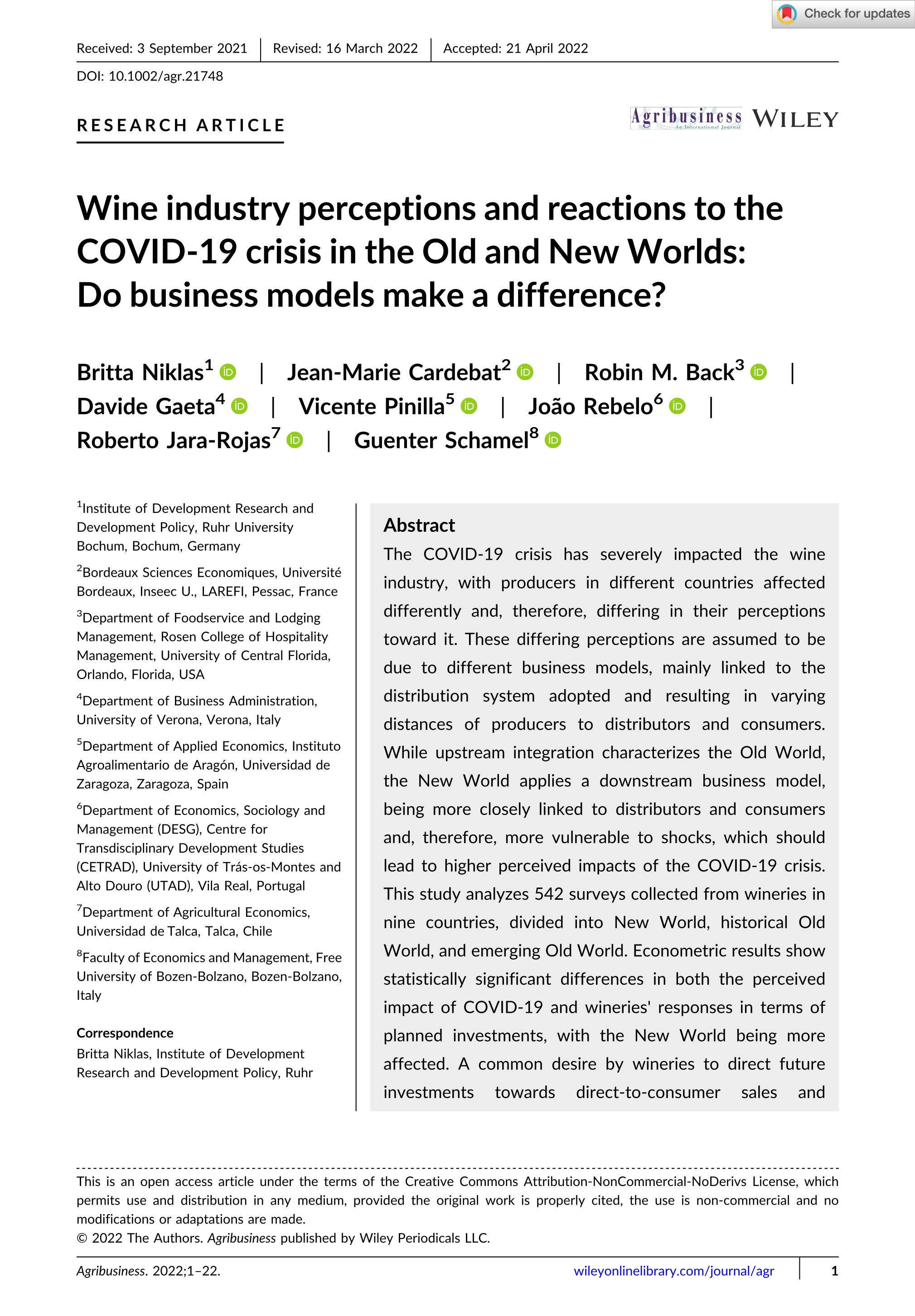Wine industry perceptions and reactions to the COVID-19 crisis in the Old and New Worlds: Do business models make a difference?