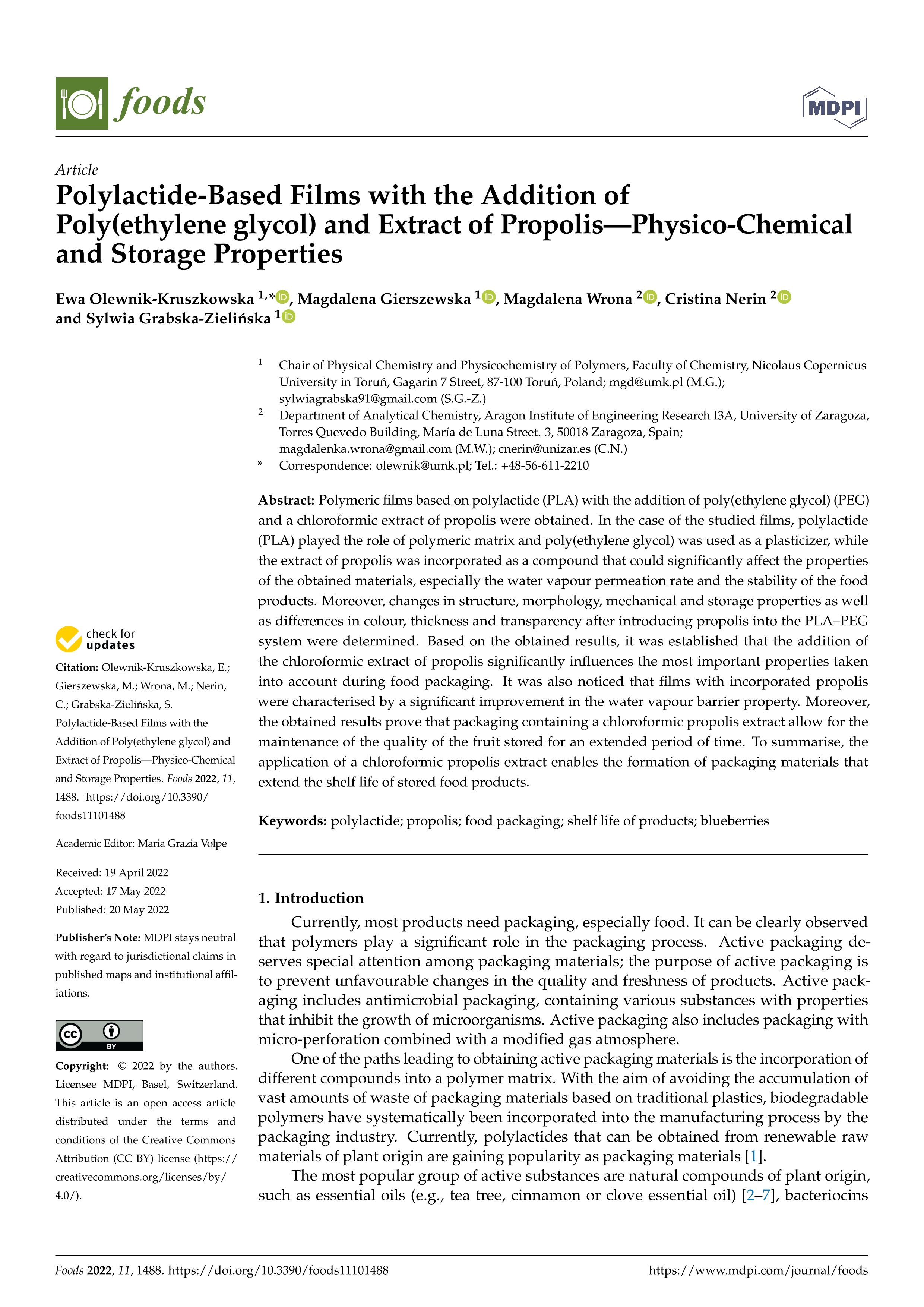 Polylactide-based films with the addition of poly(ethylene glycol) and extract of propolis—physico-chemical and storage properties