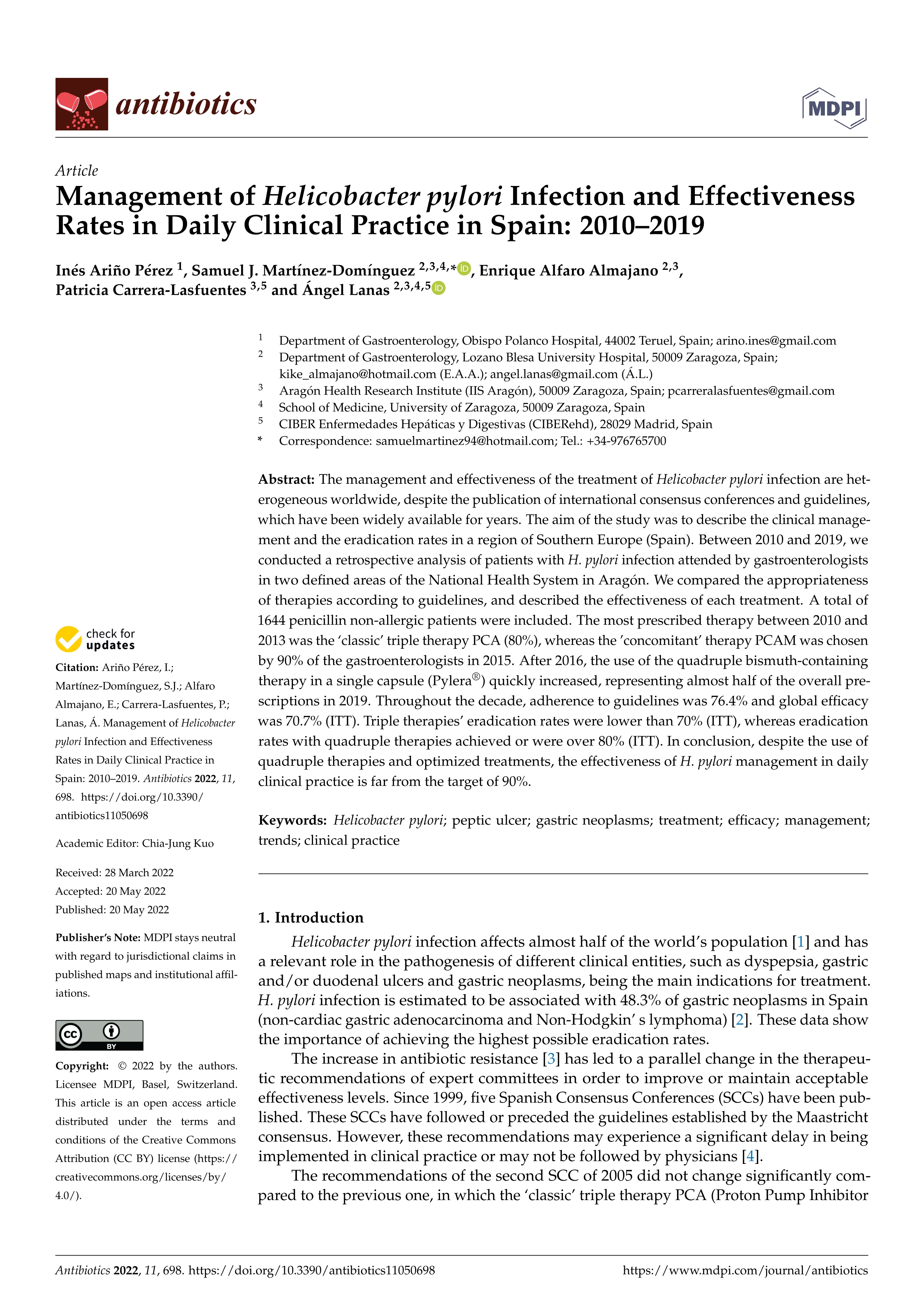 Management of Helicobacter Pylori infection and effectiveness rates in daily clinical practice in Spain: 2010–2019