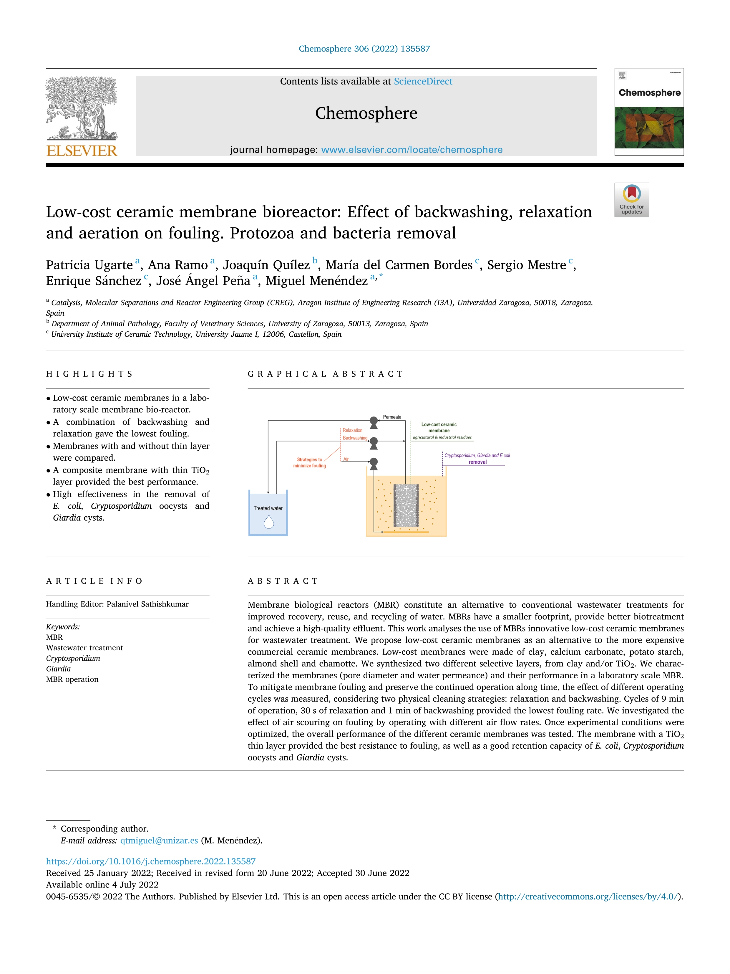 Low-cost ceramic membrane bioreactor: Effect of backwashing, relaxation and aeration on fouling. Protozoa and bacteria removal