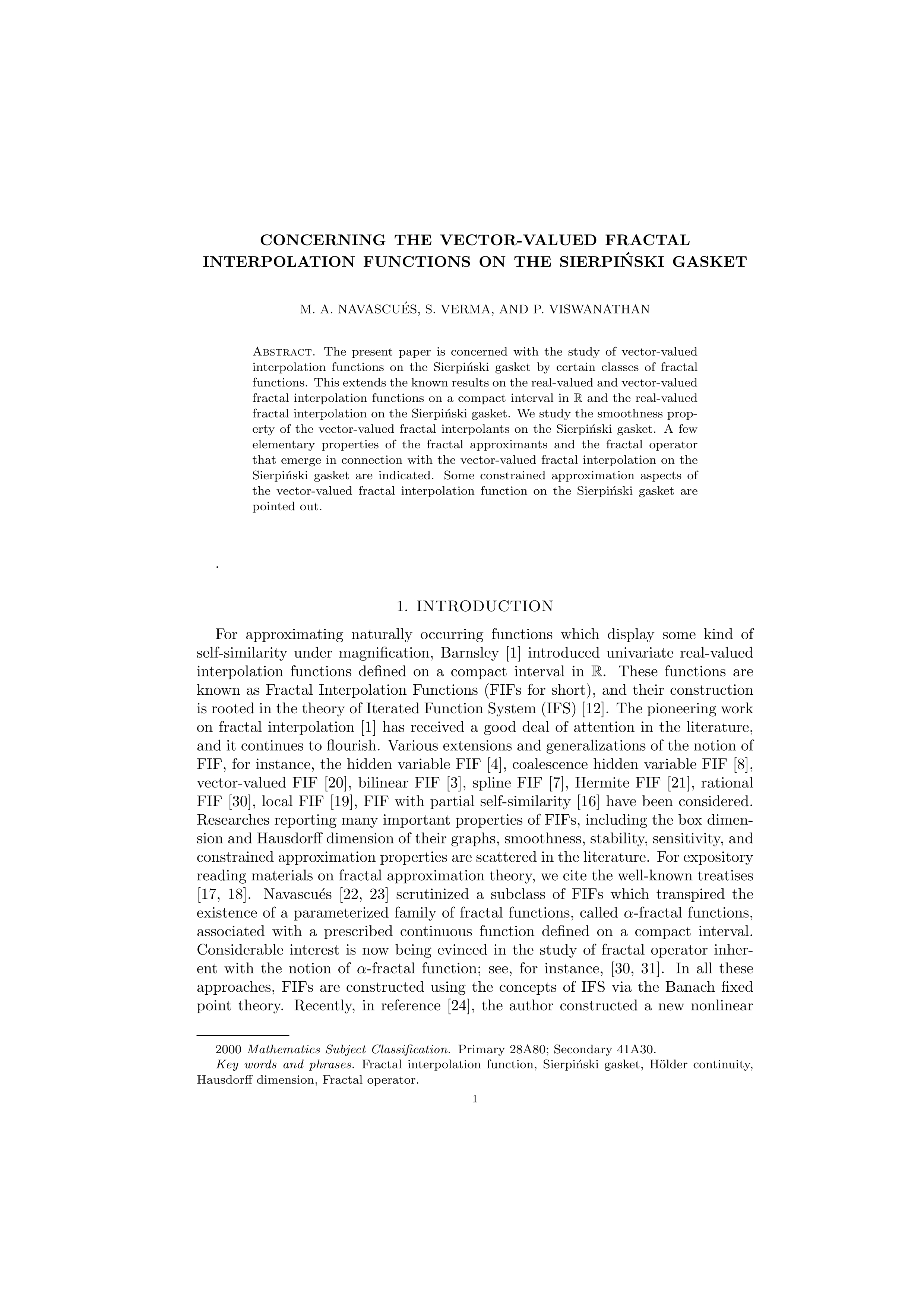 Concerning the Vector-Valued Fractal Interpolation Functions on the Sierpinski Gasket