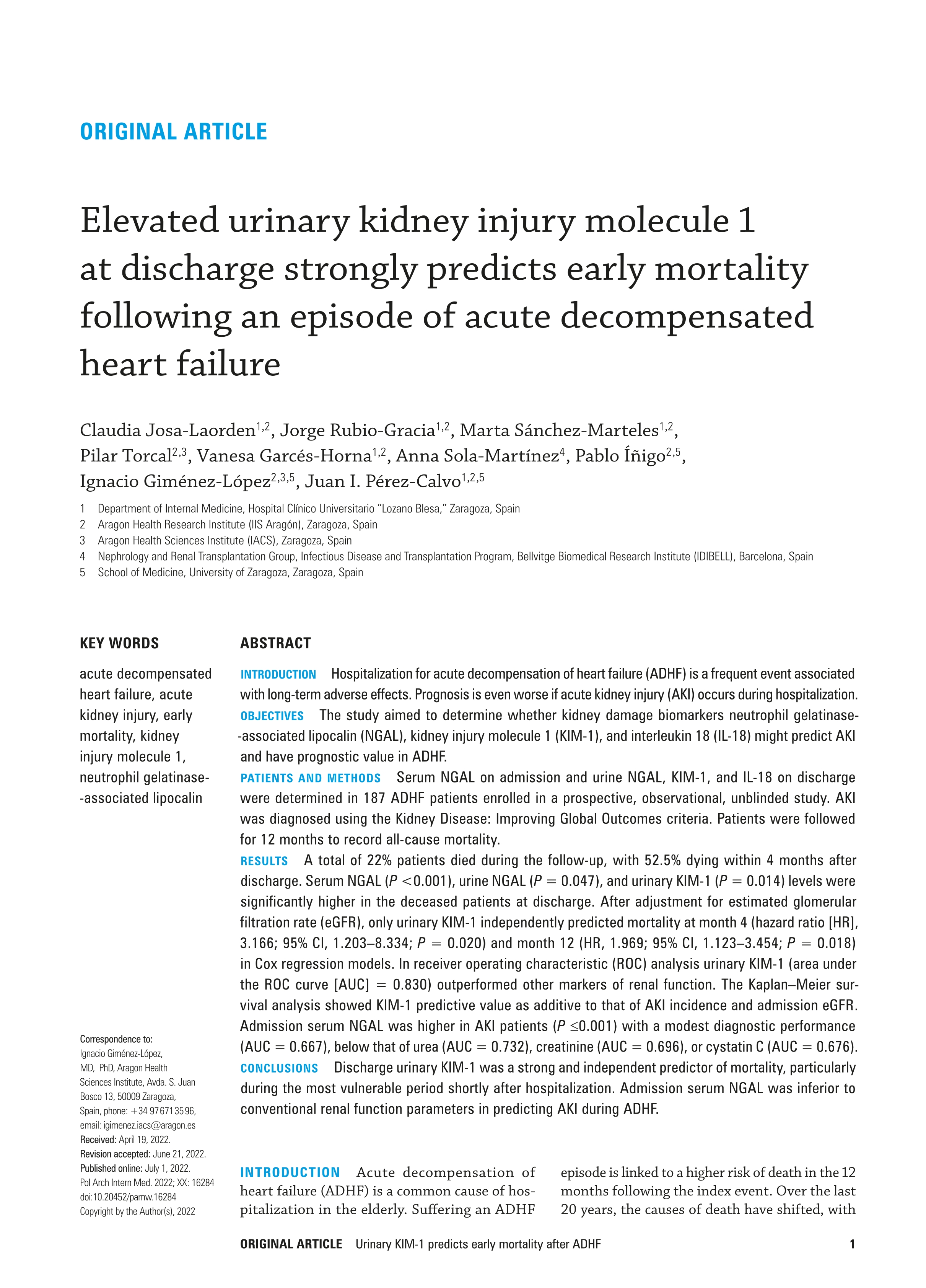 Elevated urinary Kidney Injury Molecule 1 (KIM-1) at discharge strongly predicts early mortality following an episode of acute decompensated heart failure