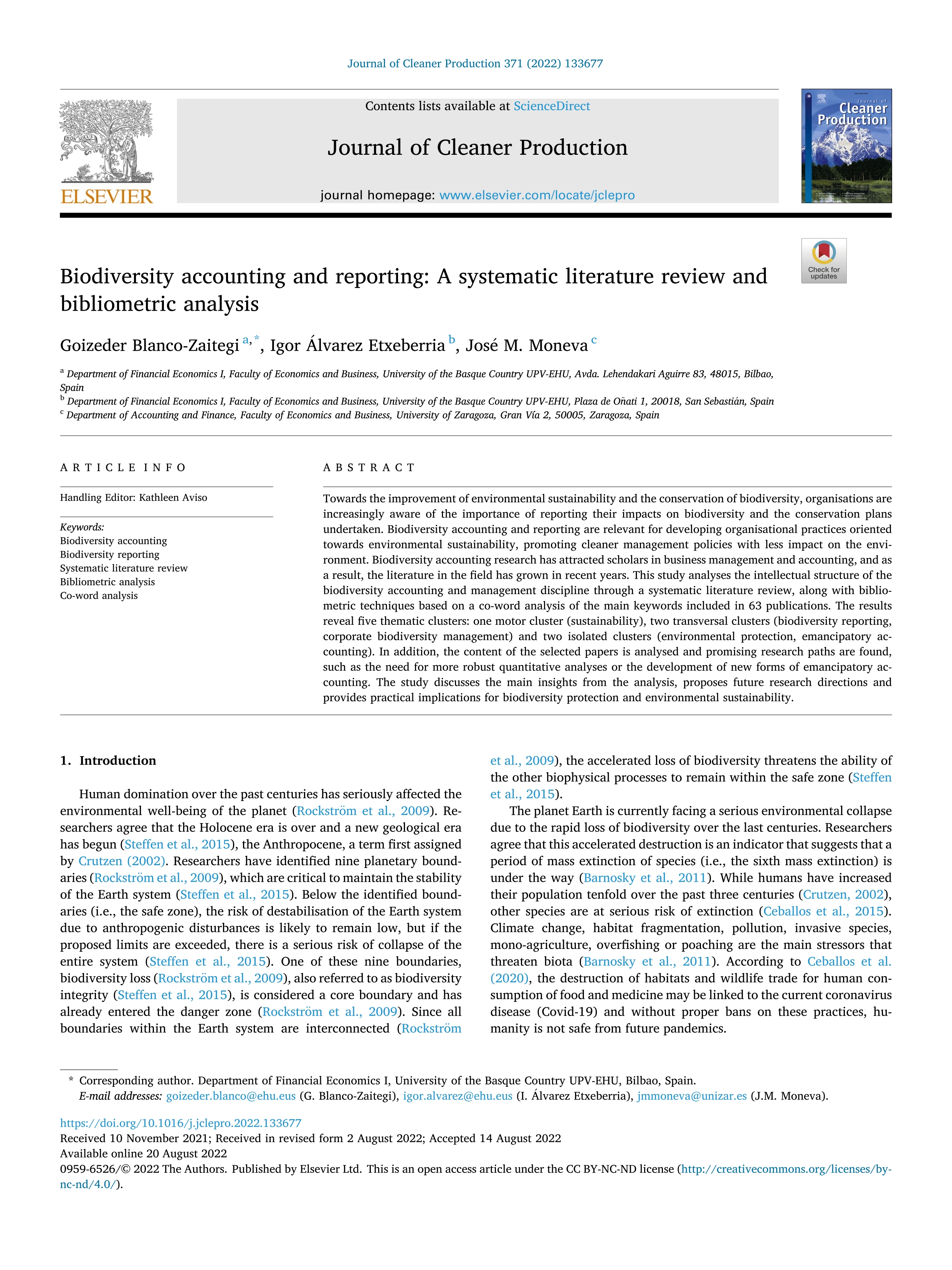 Biodiversity accounting and reporting: A systematic literature review and bibliometric analysis