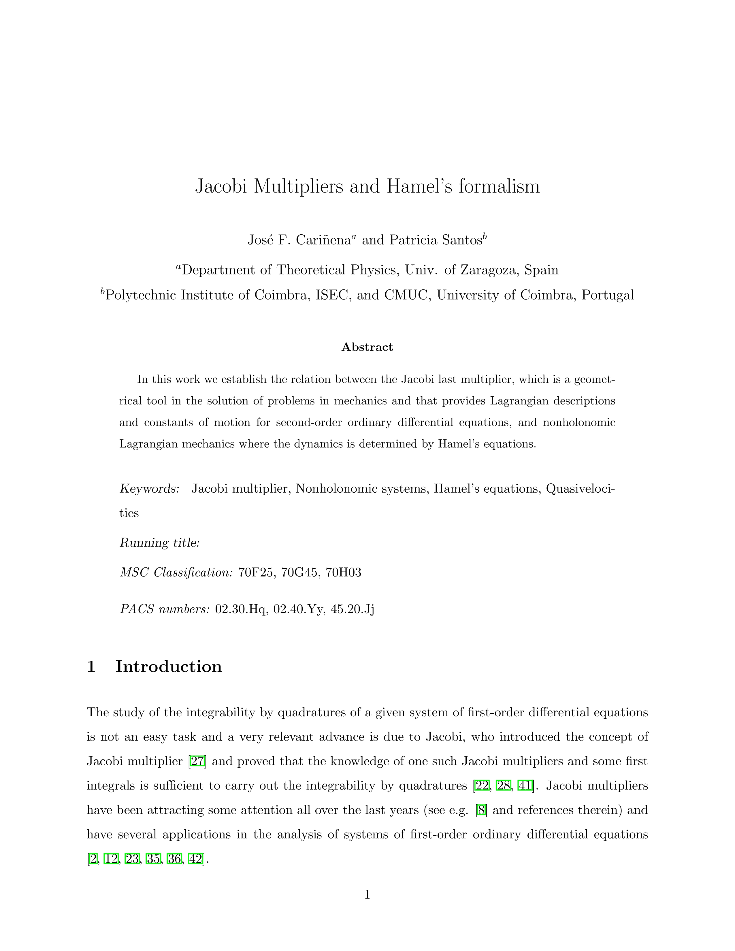 Jacobi multipliers and Hamel''s formalism