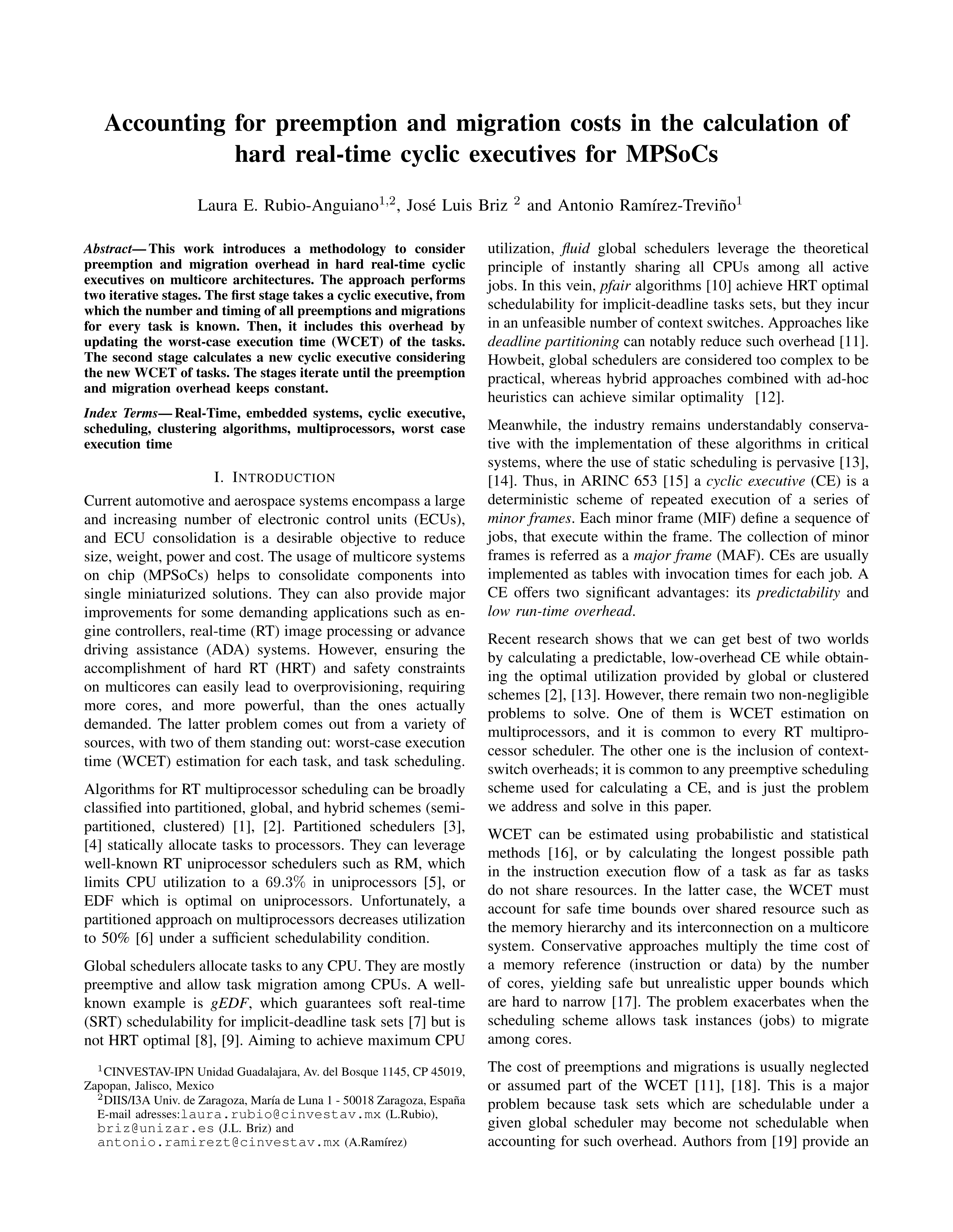 Accounting for preemption and migration costs in the calculation of hard real-time cyclic executives for MPSoCs