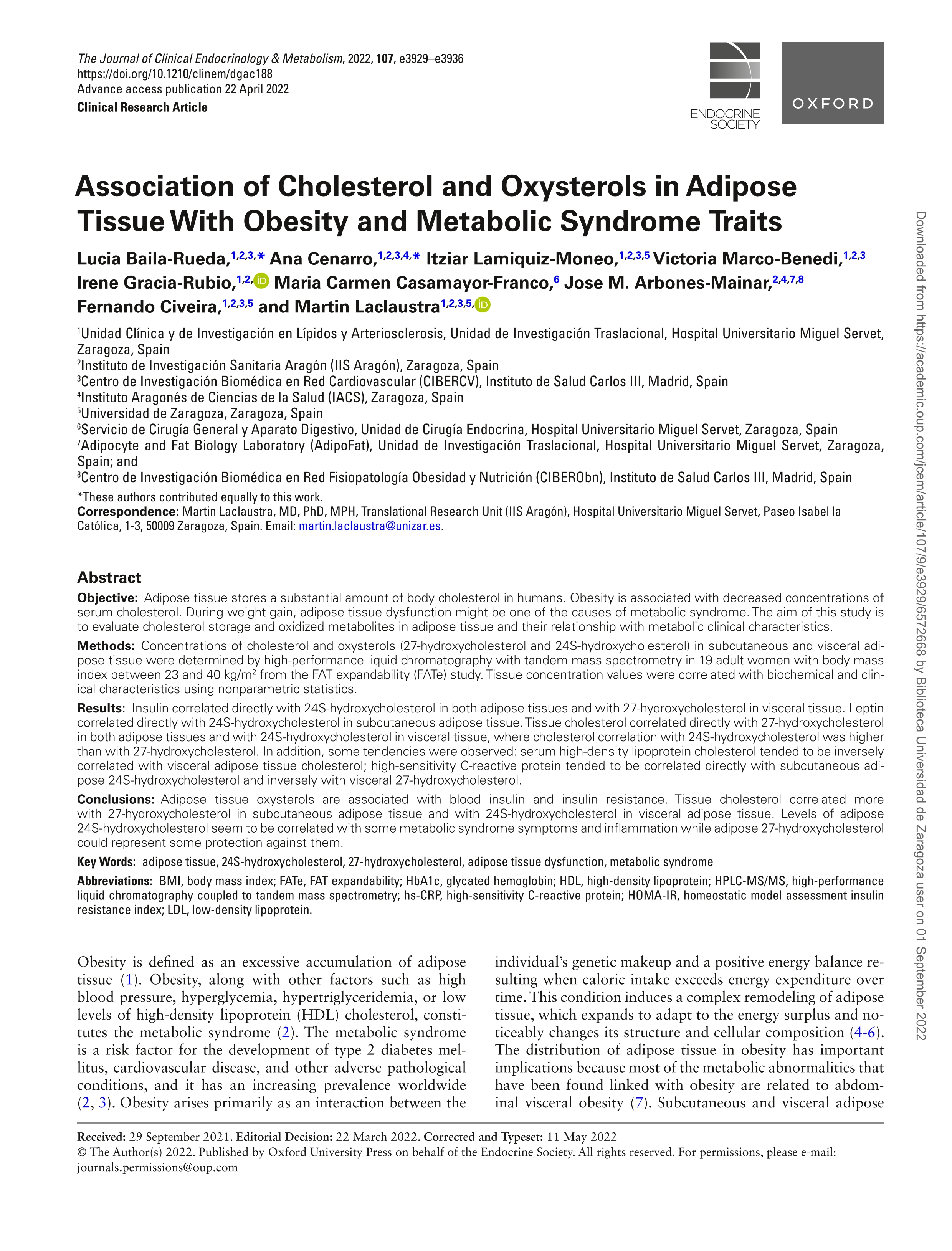 Association of cholesterol and oxysterols in adipose tissue with obesity and metabolic syndrome traits