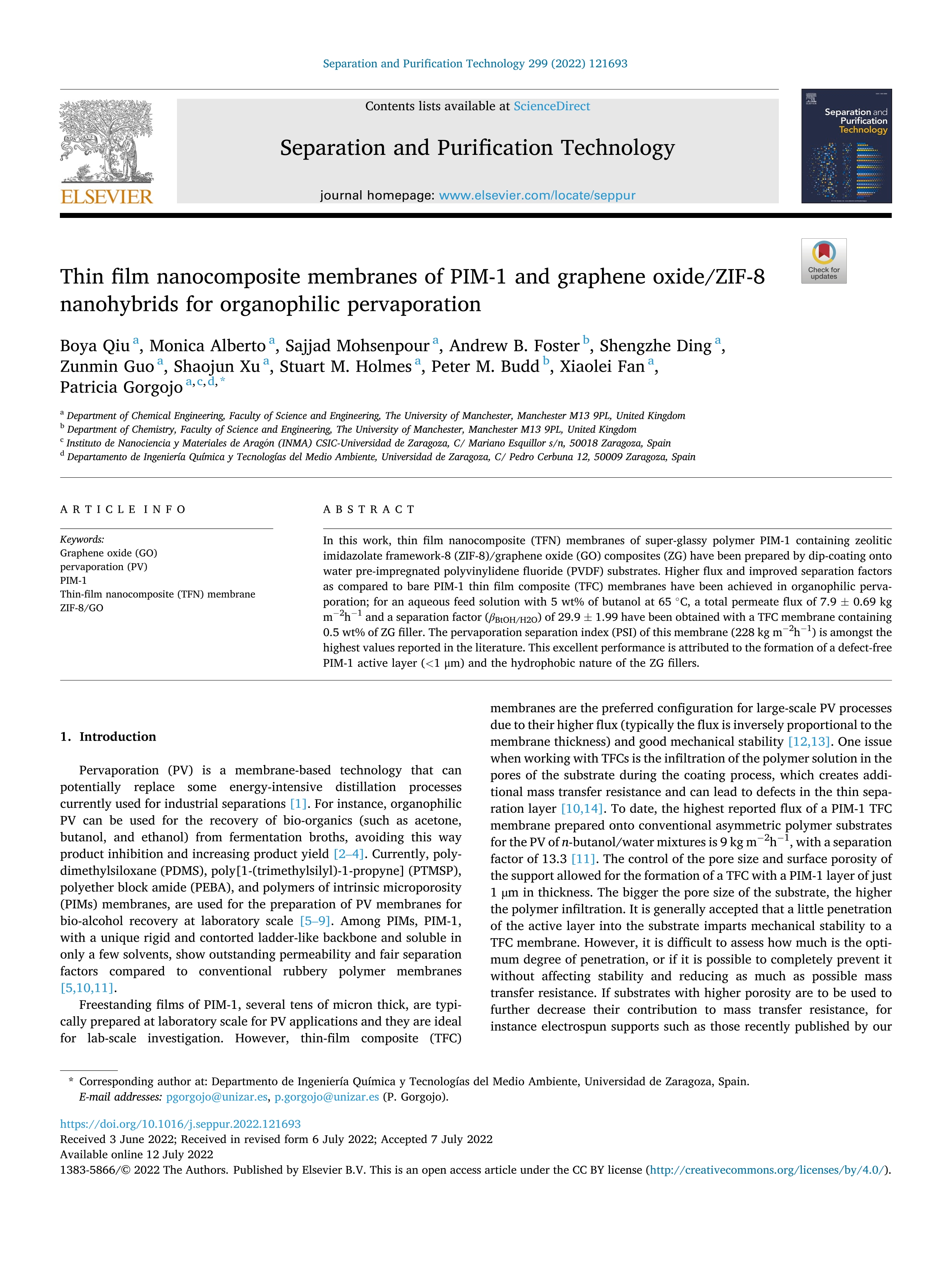 Thin film nanocomposite membranes of PIM-1 and graphene oxide/ZIF-8 nanohybrids for organophilic pervaporation