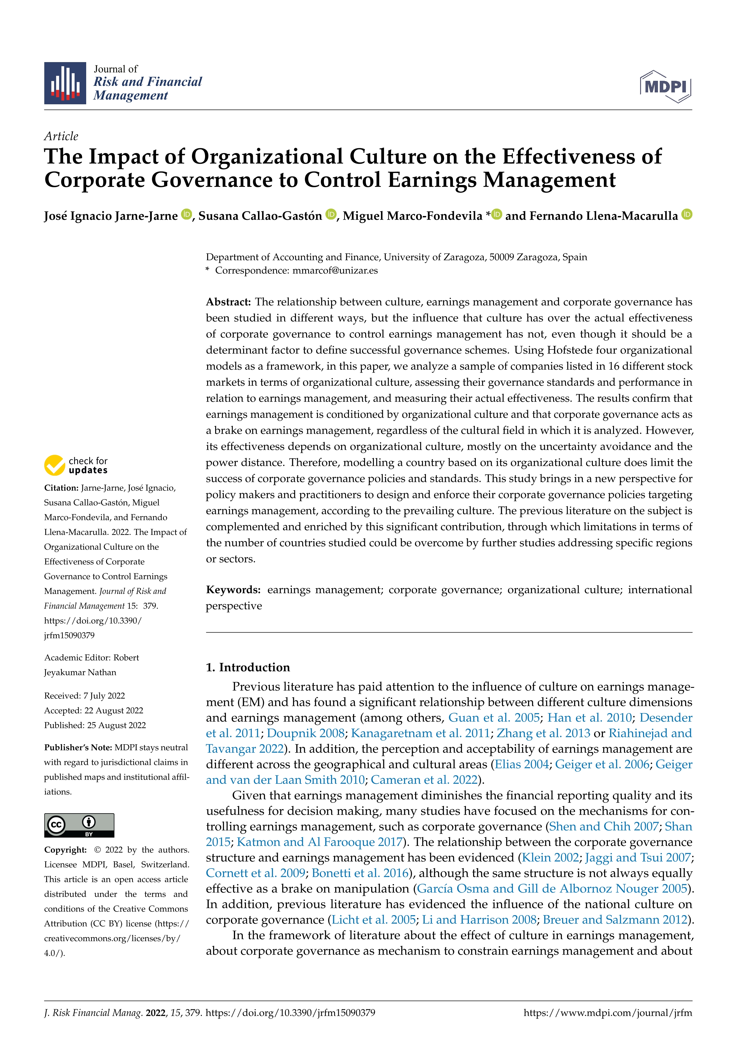 The Impact of Organizational Culture on the Effectiveness of Corporate Governance to Control Earnings Management