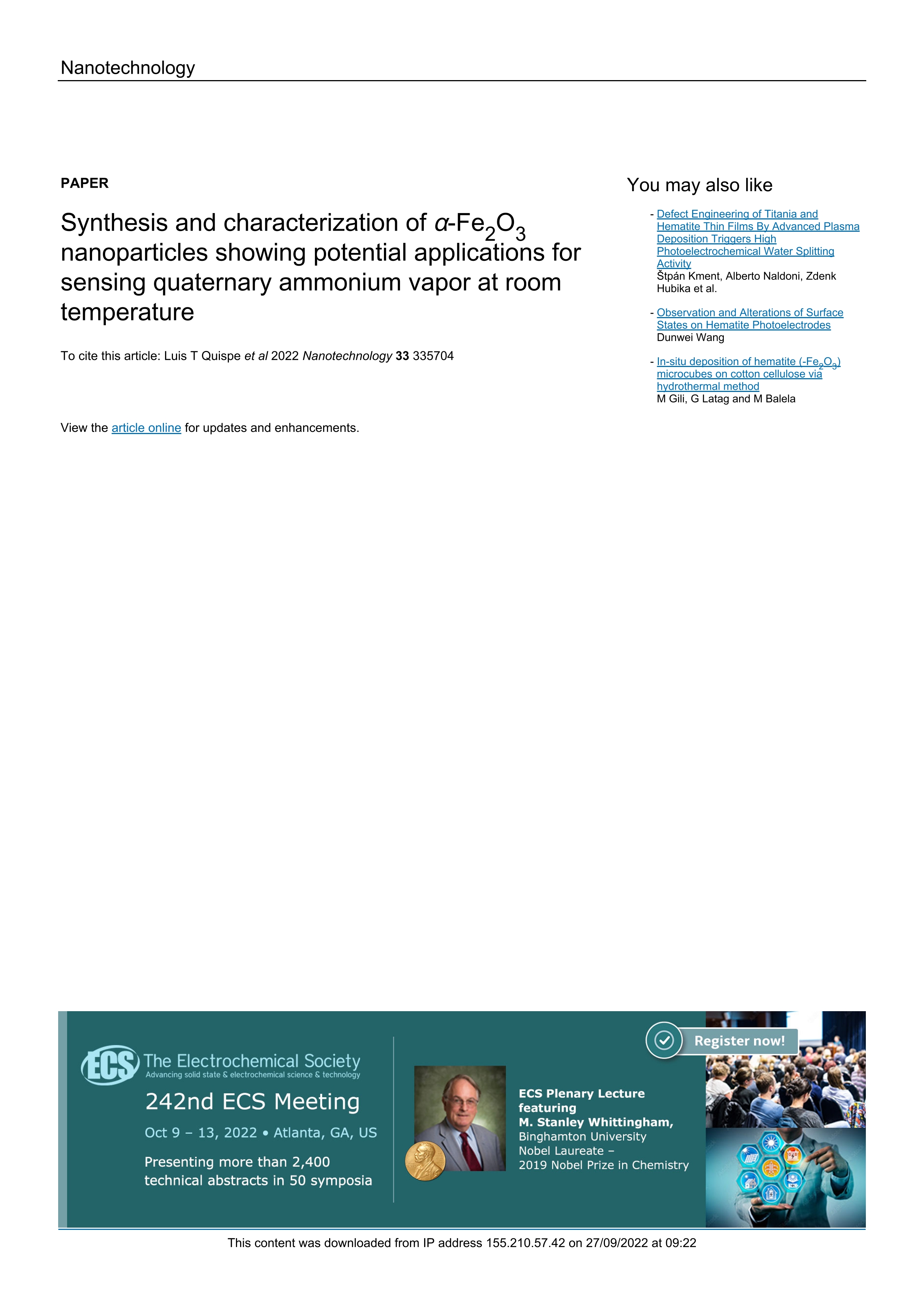 Synthesis and characterization of a-Fe2O3 nanoparticles showing potential applications for sensing quaternary ammonium vapor at room temperature