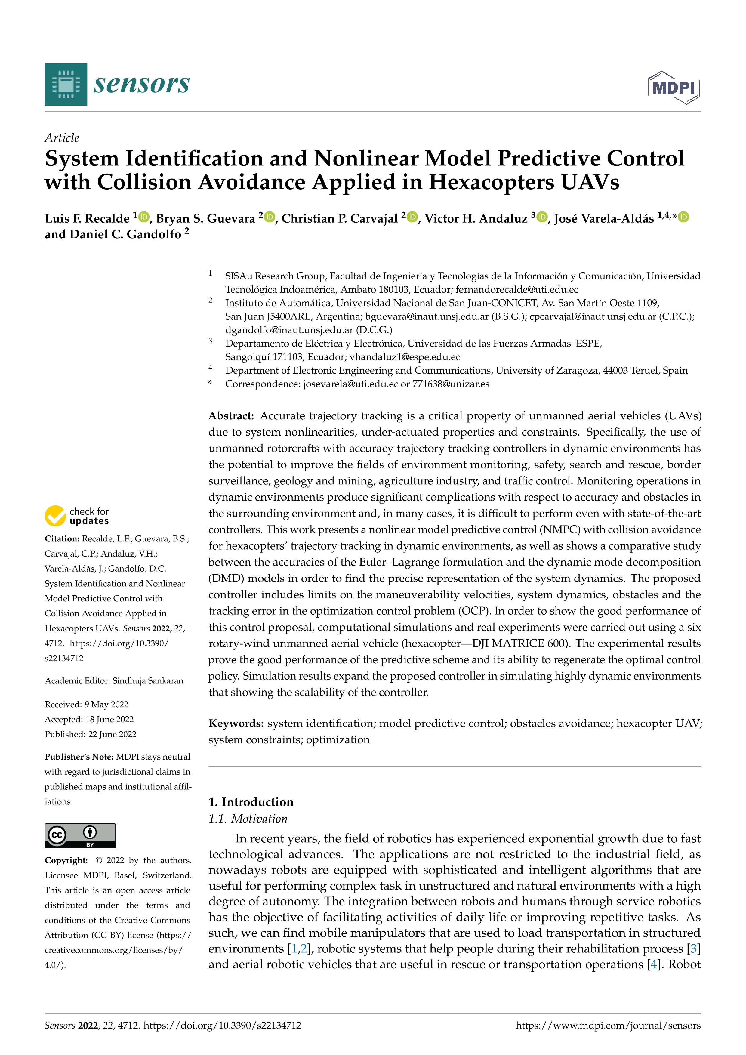 System identification and nonlinear model predictive control with collision avoidance applied in Hexacopters UAVs
