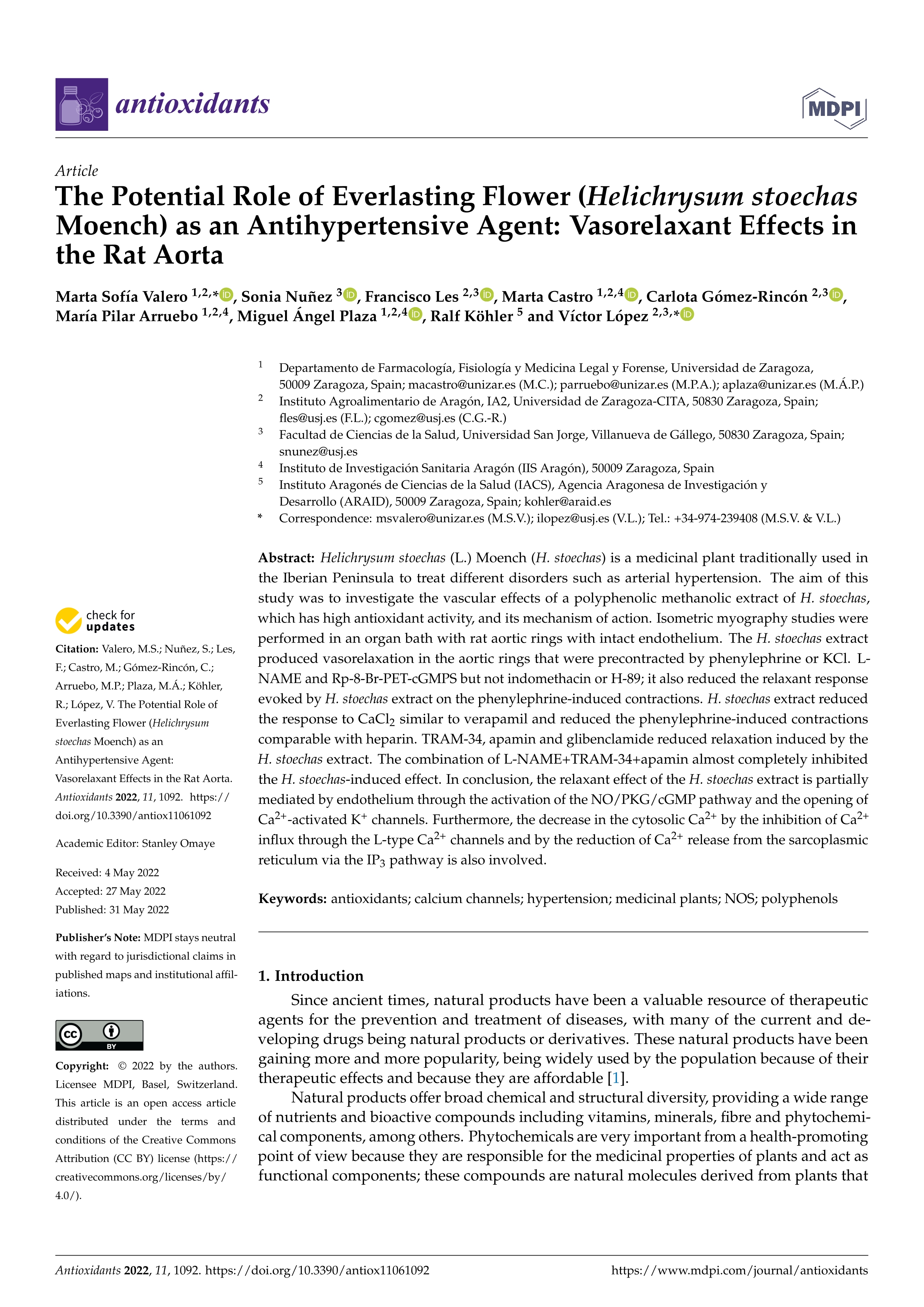 The Potential Role of Everlasting Flower (Helichrysum stoechas Moench) as an Antihypertensive Agent: Vasorelaxant Effects in the Rat Aorta