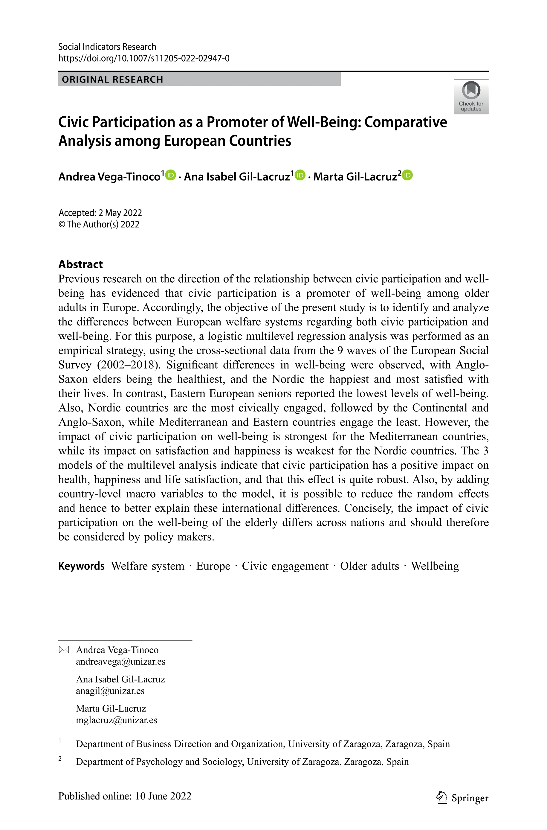 Civic participation as a promoter of well-being: comparative analysis among european countries