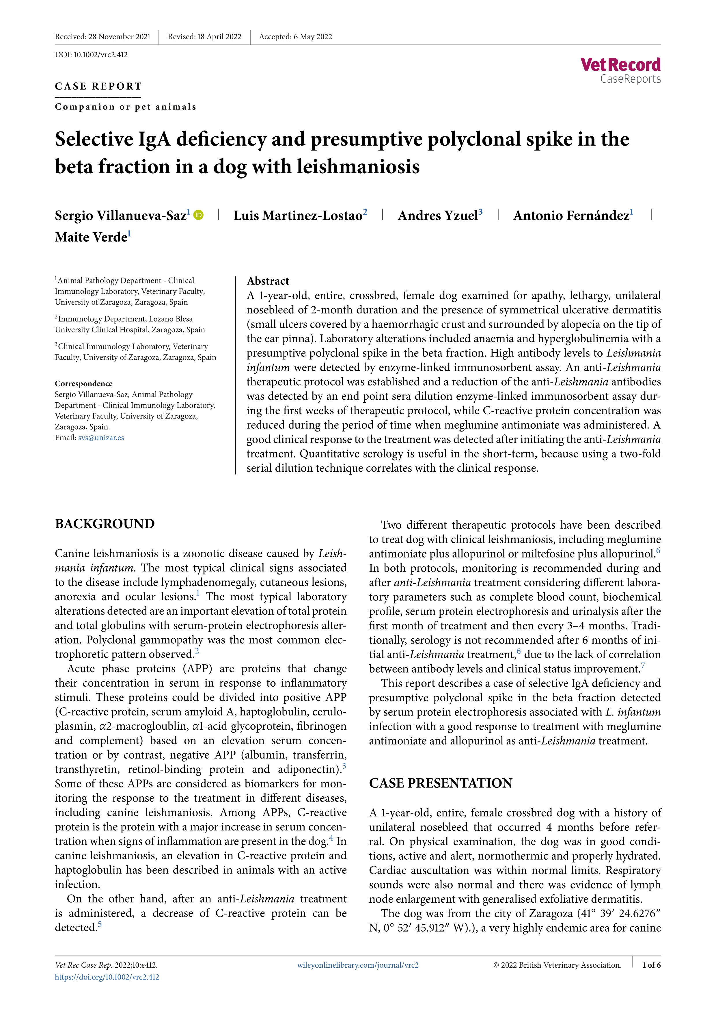 Selective IgA deficiency and presumptive polyclonal spike in the beta fraction in a dog with leishmaniosis