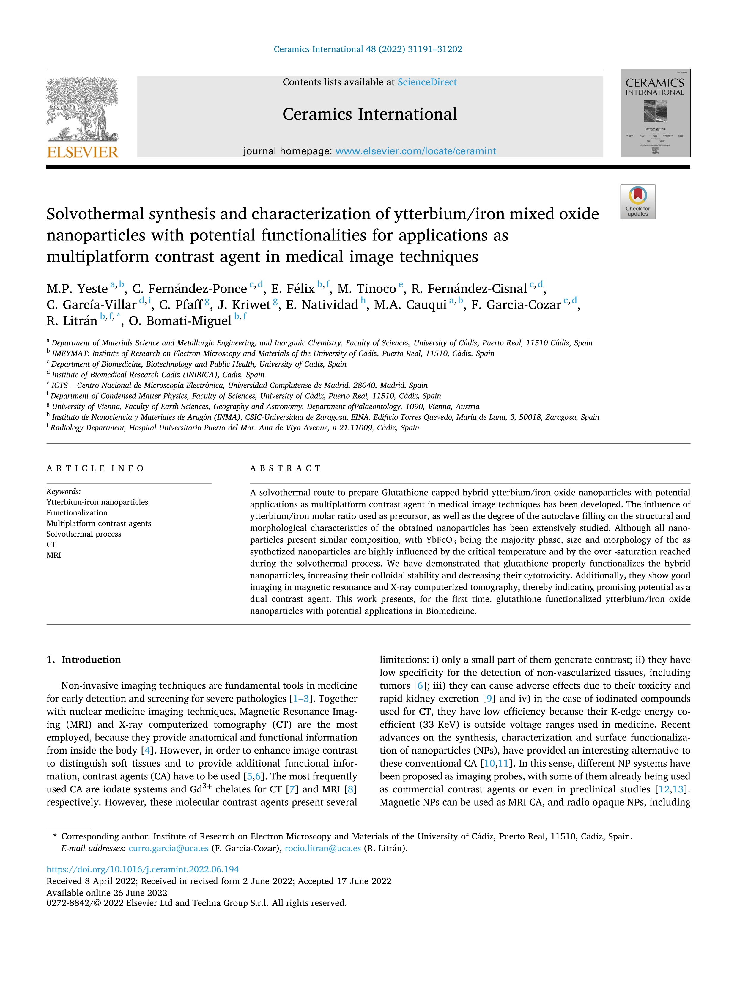 Solvothermal synthesis and characterization of ytterbium/iron mixed oxide nanoparticles with potential functionalities for applications as multiplatform contrast agent in medical image techniques